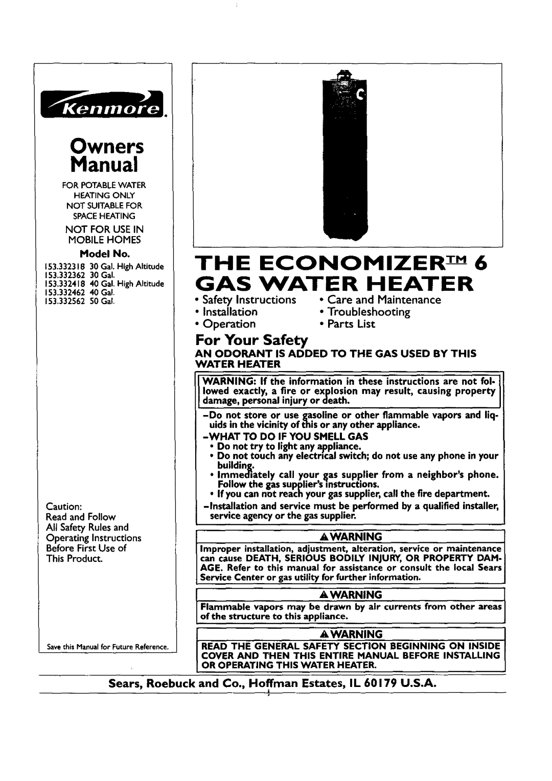 Kenmore 153.332362 owner manual Owners, Manual, Gas Water Heater, The Economizertm, For Your Safety, Installation, light 