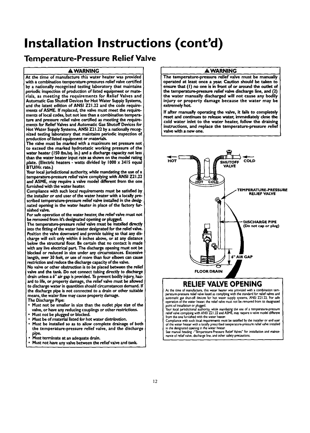 Kenmore 153.332418 Installation Instructions contd, Temperature.Pressure Relief Valve, Reliefvalve Opening, extremely hot 