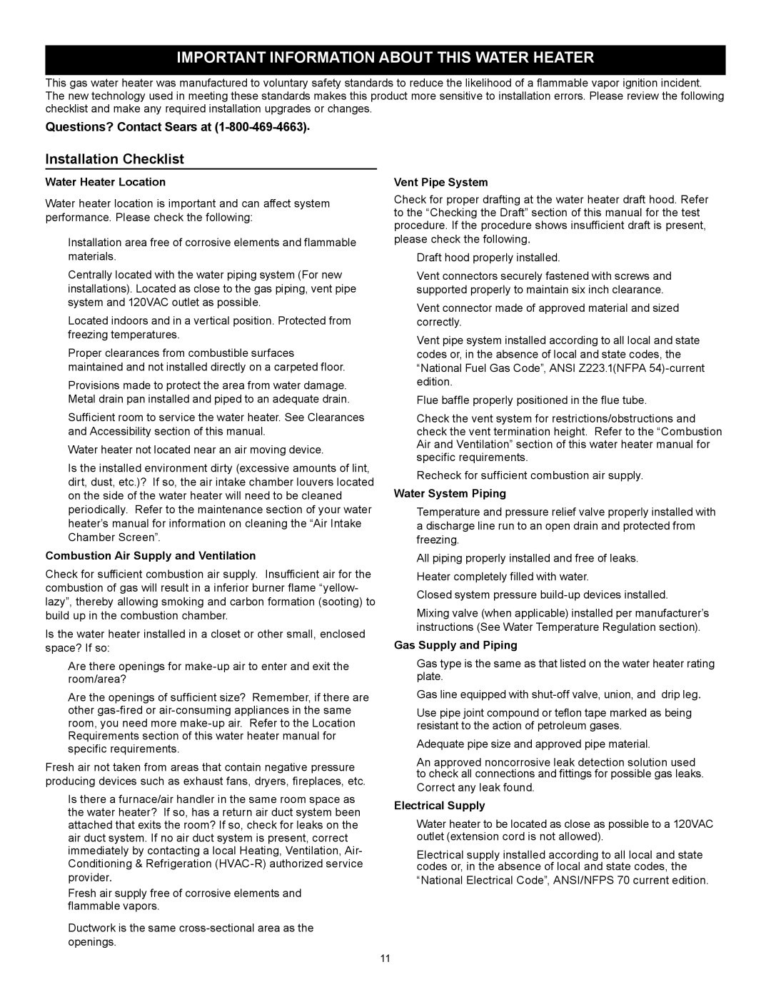 Kenmore 153.33262, 153.33264 Important Information about this Water Heater, Installation Checklist, Water Heater Location 