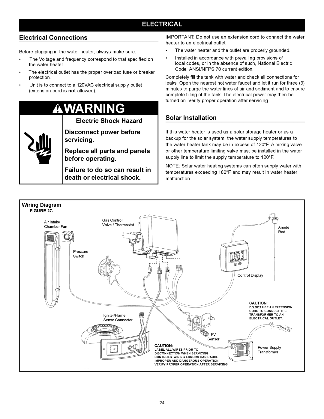 Kenmore 153.33264, 153.33262 manual Electrical Connections, Solar Installation 