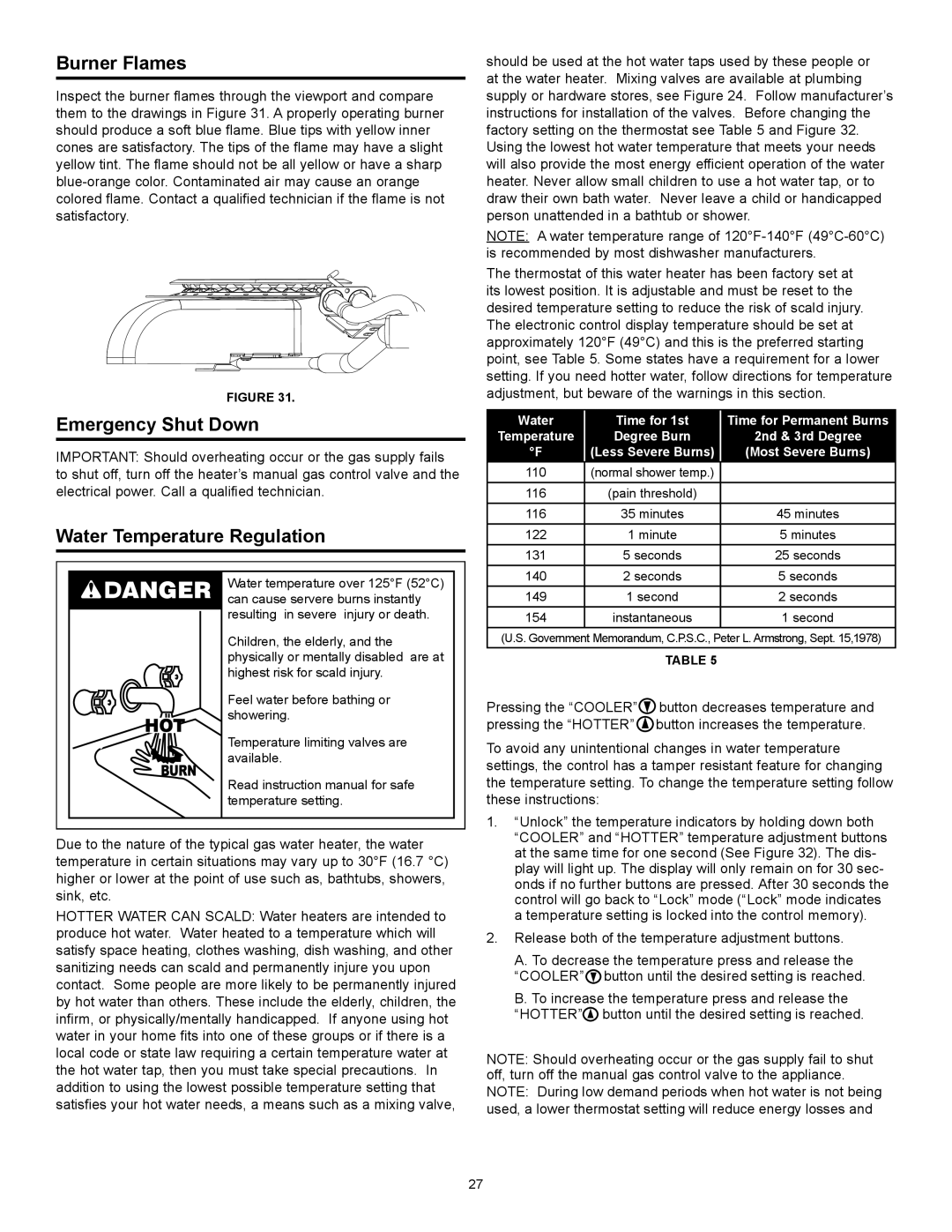 Kenmore 153.33262, 153.33264 manual Burner Flames, Emergency Shut Down, Water Temperature Regulation 