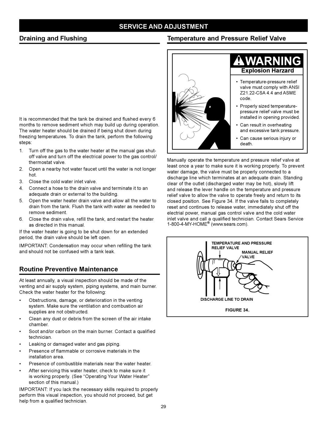 Kenmore 153.33262 manual Service and Adjustment, Draining and Flushing, Routine Preventive Maintenance, Explosion Harzard 