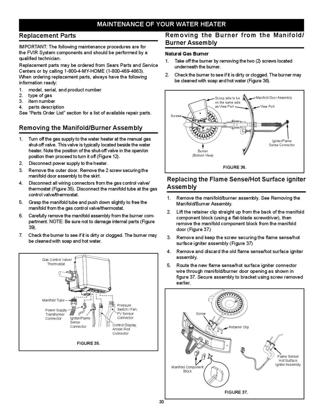 Kenmore 153.33264, 153.33262 Maintenance of Your Water Heater, Replacement Parts, Removing the Manifold/Burner Assembly 