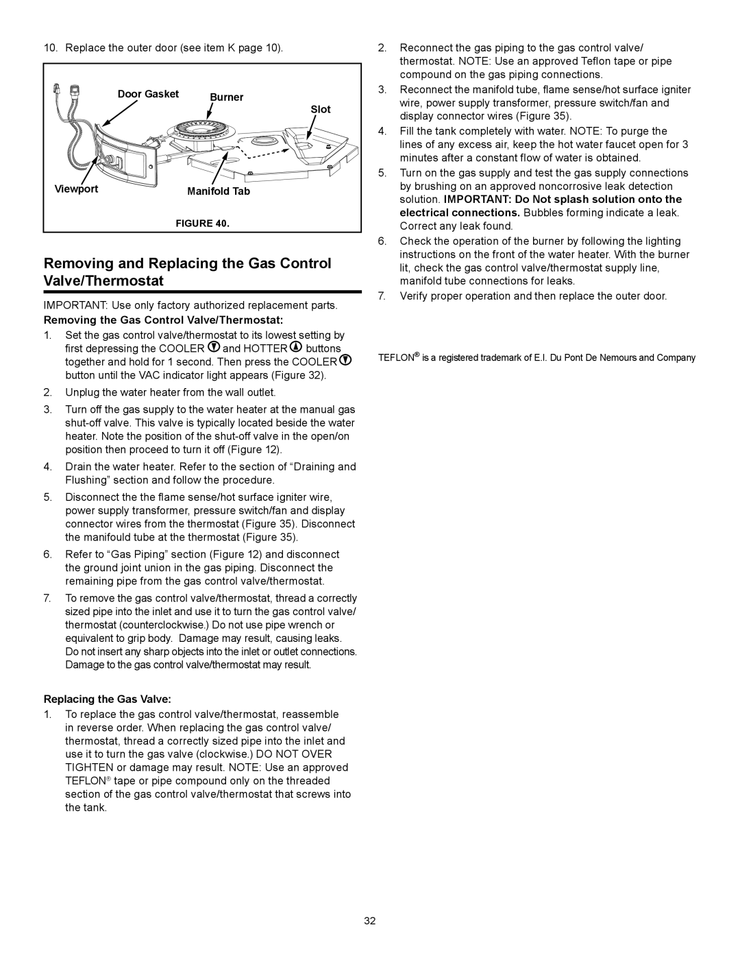 Kenmore 153.33264 manual Removing and Replacing the Gas Control Valve/Thermostat, Removing the Gas Control Valve/Thermostat 