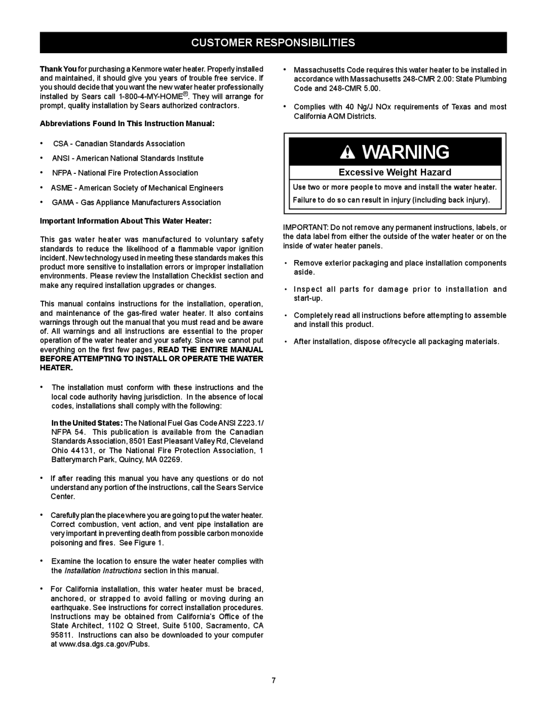 Kenmore 153.33262, 153.33264 manual Customer Responsibilities, Important Information About This Water Heater 