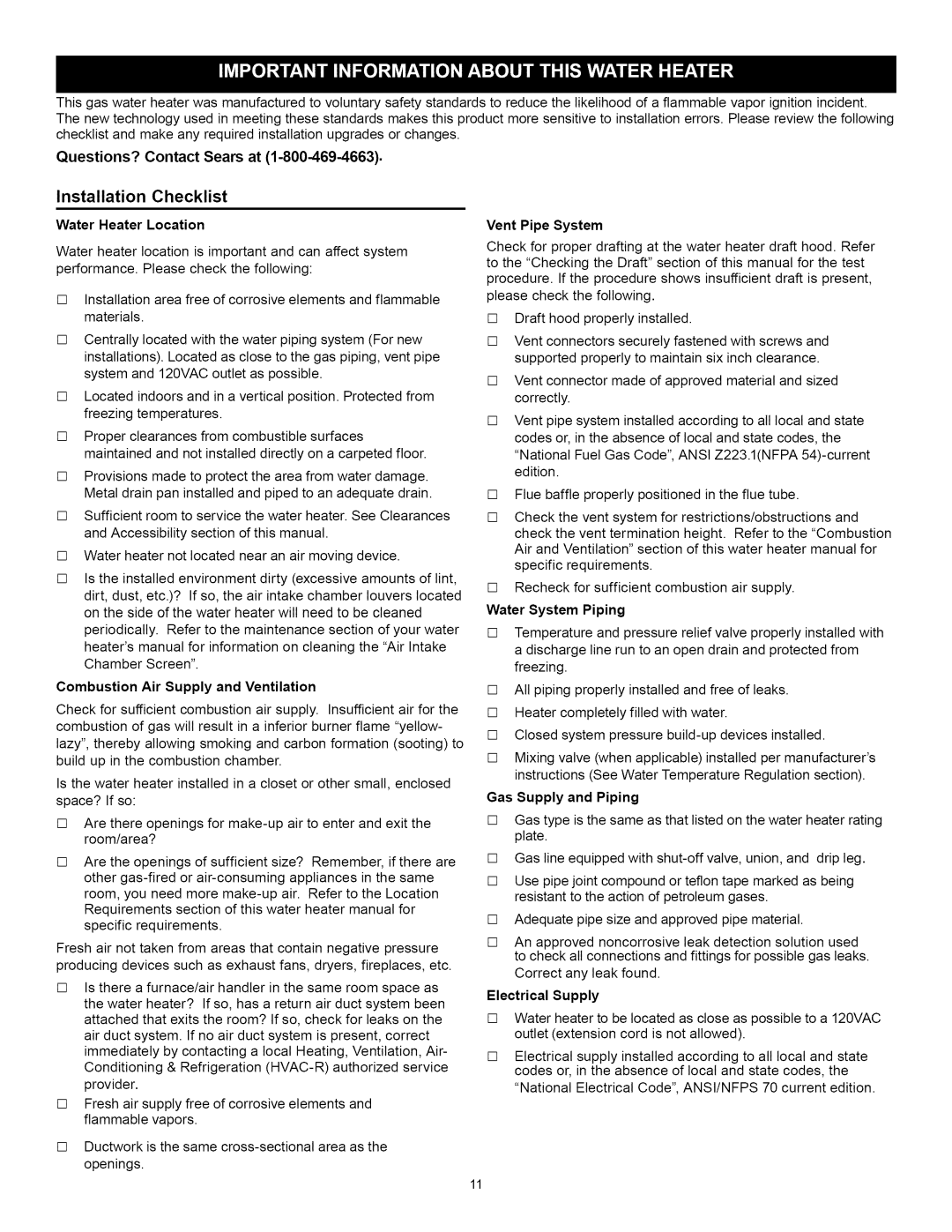 Kenmore 153.33262 Installation Checklist, Water Heater Location, Combustion Air Supply and Ventilation, Vent Pipe System 