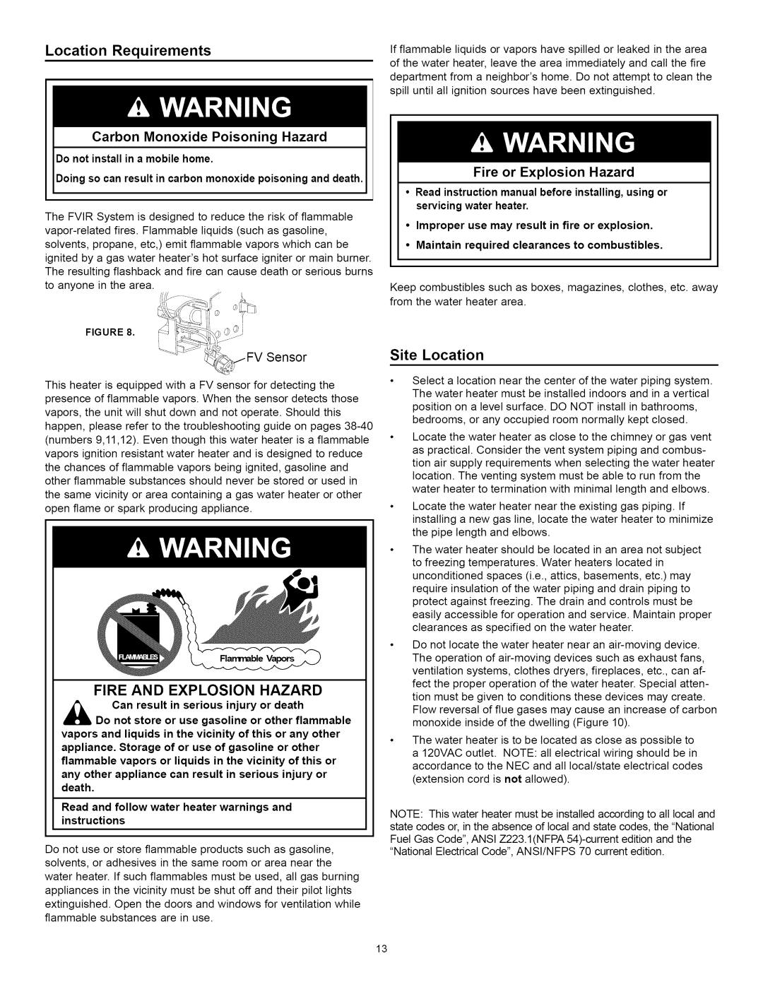 Kenmore 153.33262, 153.33264 manual Location Requirements, Site Location, Carbon Monoxide Poisoning Hazard, Sensor 