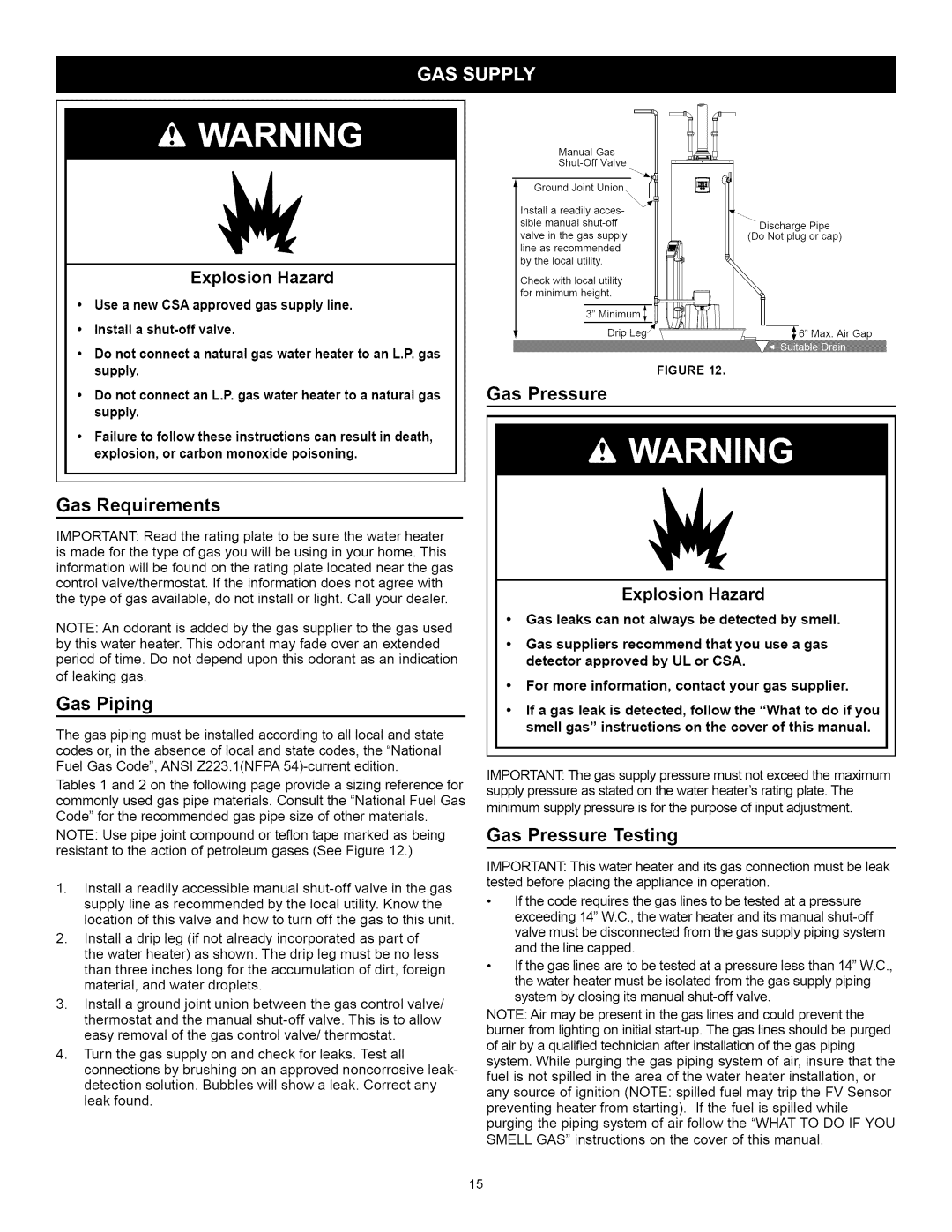 Kenmore 153.33262, 153.33264 manual Gas Pressure Gas Requirements, Gas Piping, Gas Pressure Testing, Explosion Hazard 