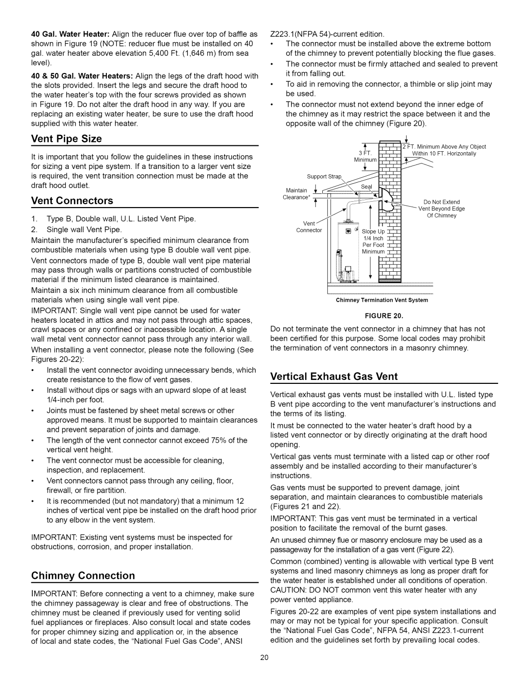 Kenmore 153.33264, 153.33262 manual Vent Pipe Size, Chimney Connection, Vertical Exhaust Gas Vent, Vent Connectors 