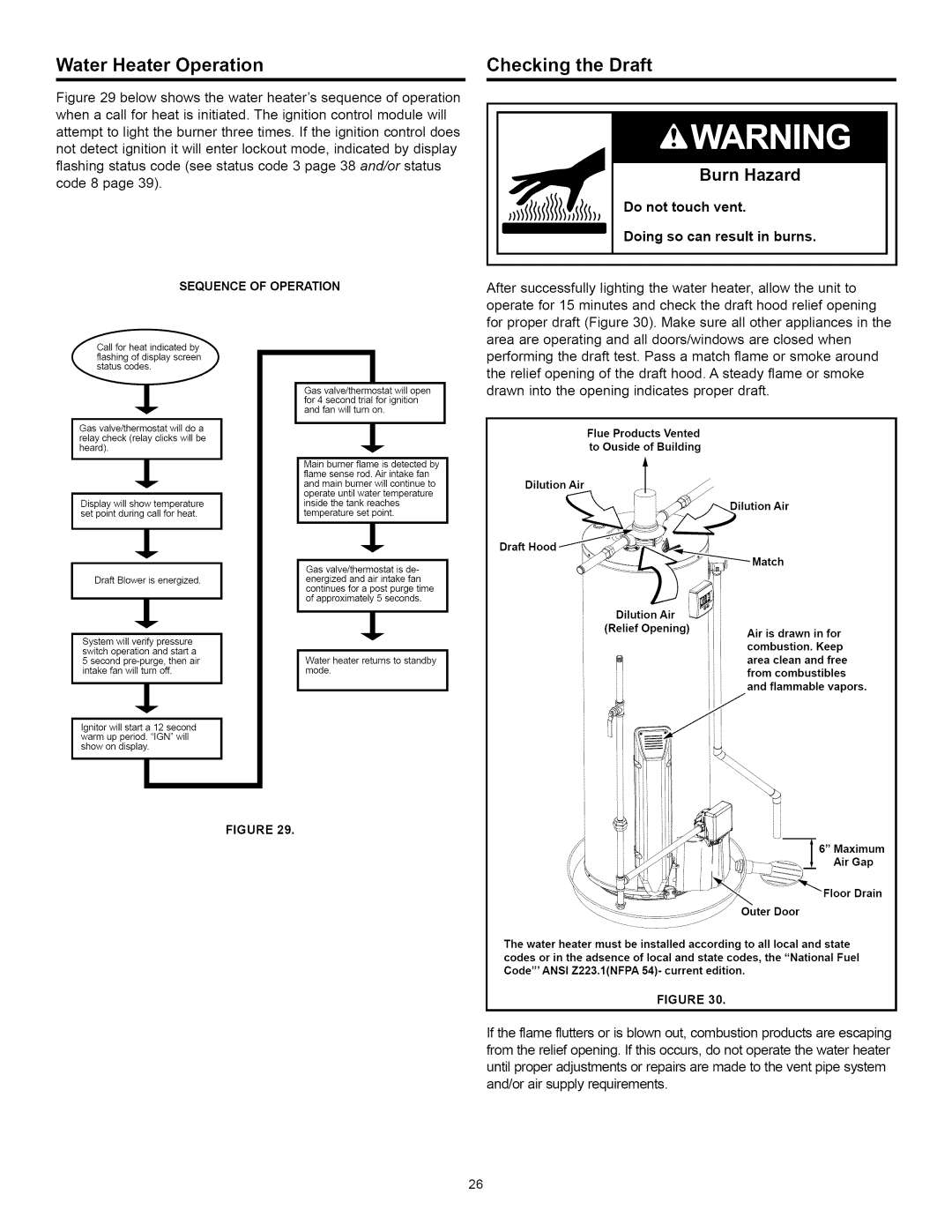 Kenmore 153.33264 Water Heater Operation, Checking the Draft, Burn Hazard, Do not touch vent Doing so can result in burns 