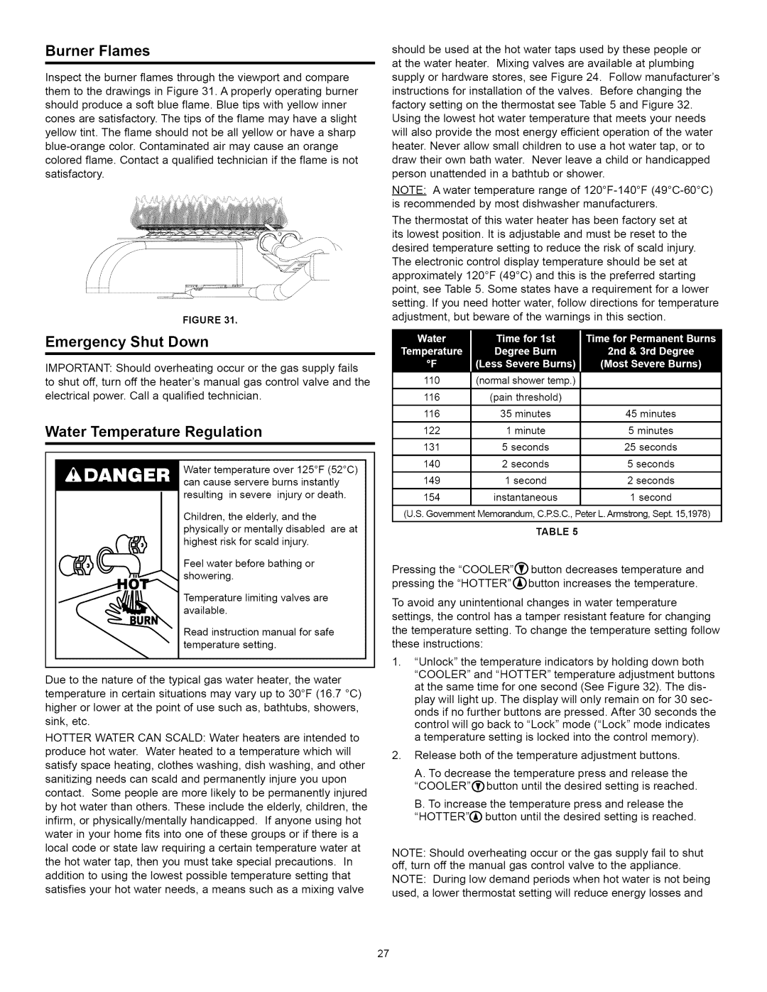 Kenmore 153.33262, 153.33264 manual Burner Flames, Emergency Shut Down, Water Temperature, Regulation 