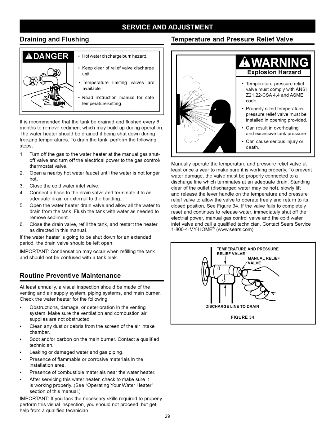 Kenmore 153.33262, 153.33264 manual Draining and Flushing, Temperature and Pressure Relief Valve Explosion Harzard 