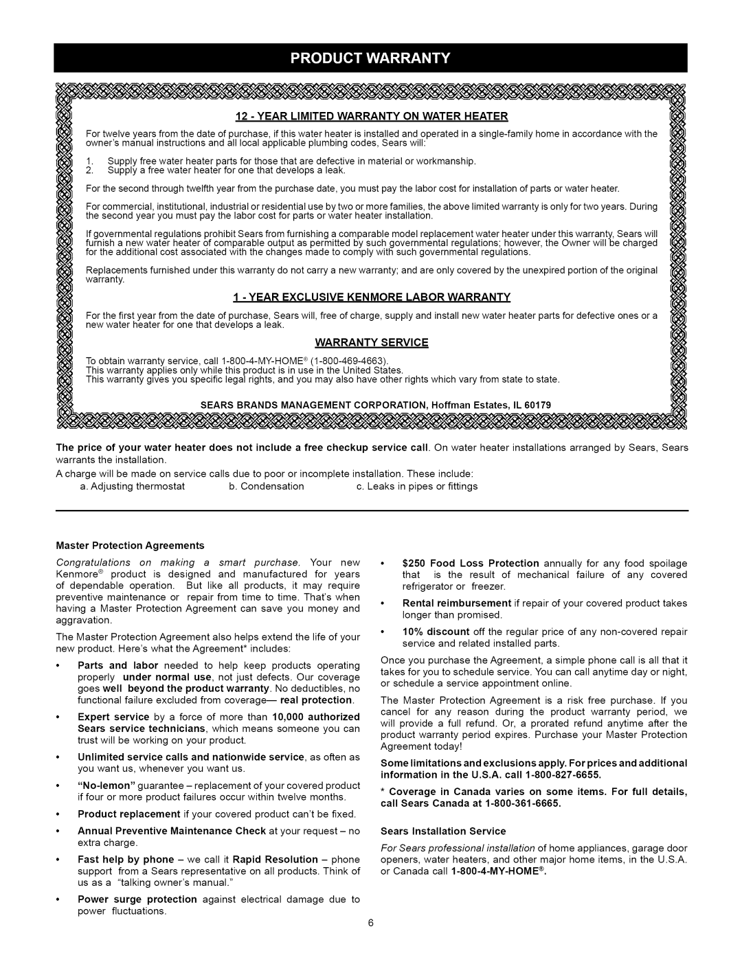 Kenmore 153.33264, 153.33262 manual Master Protection Agreements, Sears Installation Service 