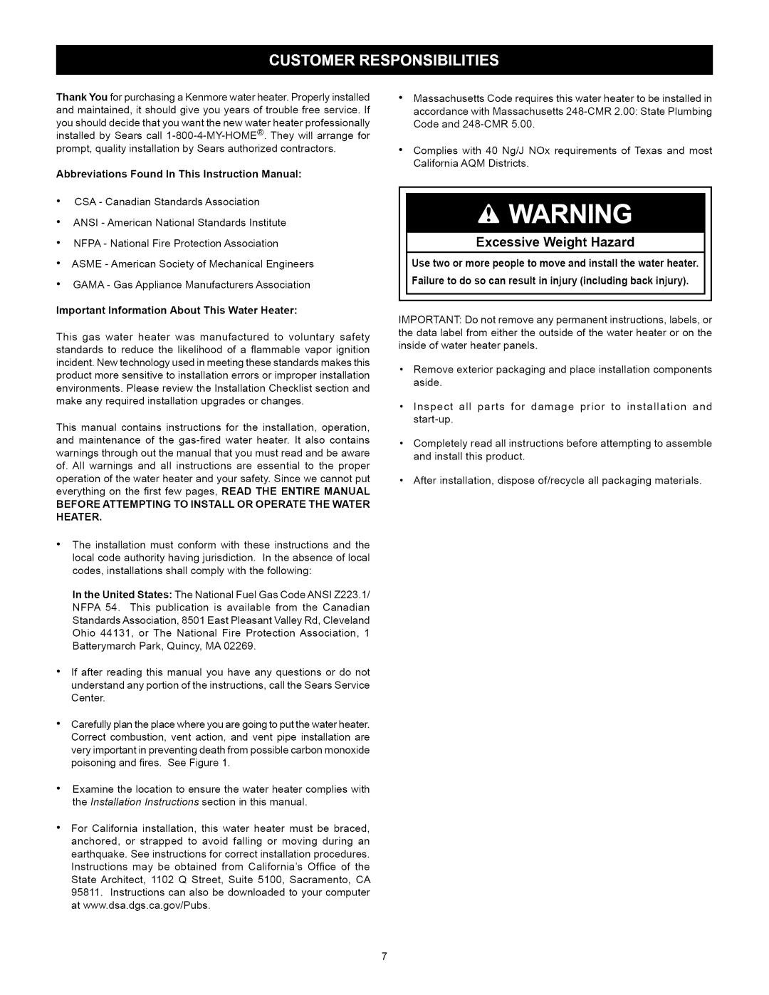 Kenmore 153.33262, 153.33264 manual Excessive Weight Hazard, Important Information About This Water Heater 