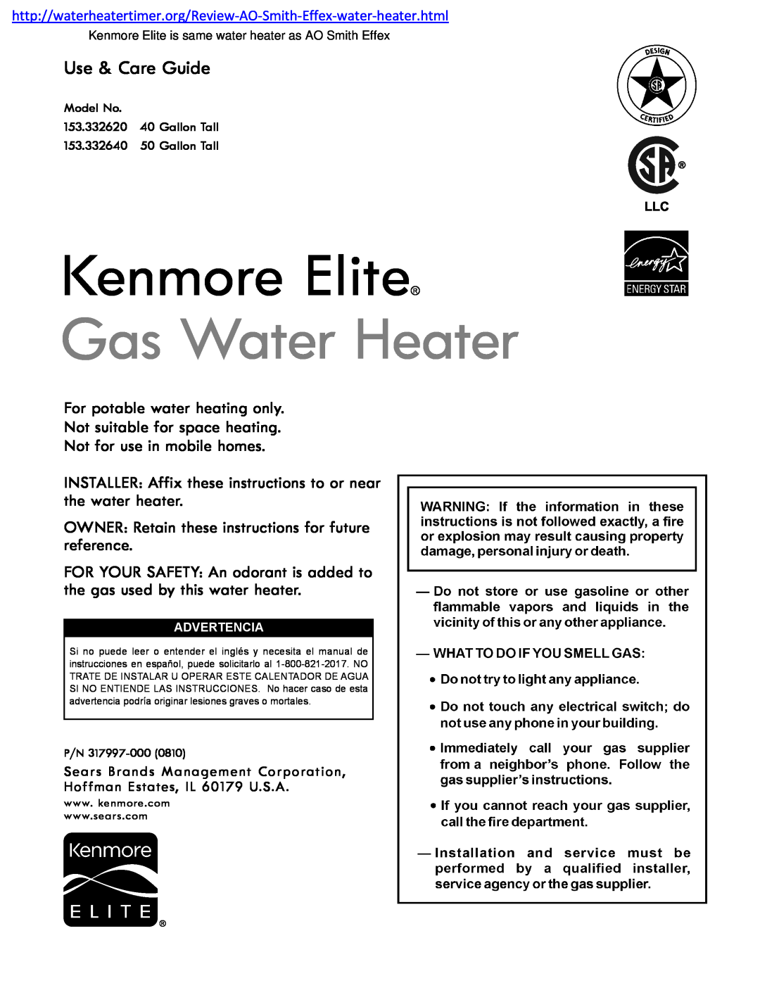 Kenmore 153.33262 manual Use & Care Guide, For potable water heating only, Not suitable for space heating, Kenmore Elite 