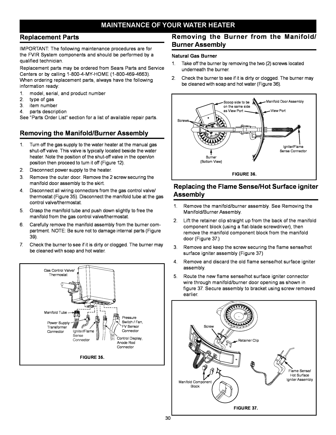 Kenmore 153.33264, 153.33262 Maintenance Of Your Water Heater, Replacement Parts, Removing the Manifold/Burner Assembly 