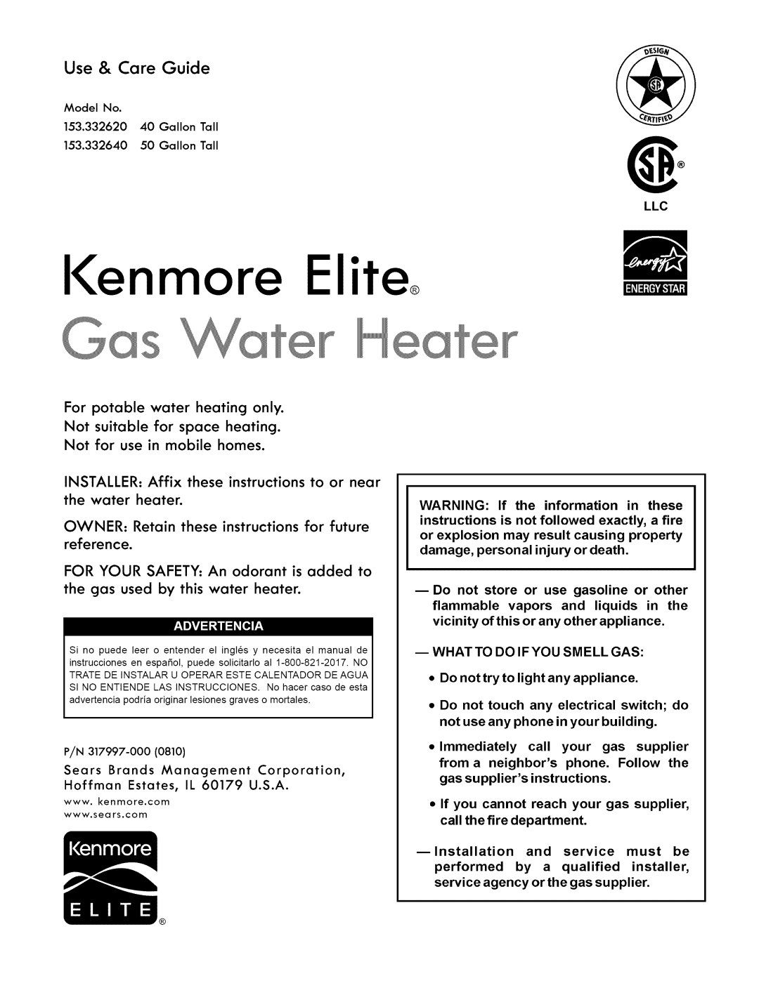Kenmore 153.33262 manual Use & Care Guide, For potable water heating only, Not suitable for space heating, Kenmore Elite 