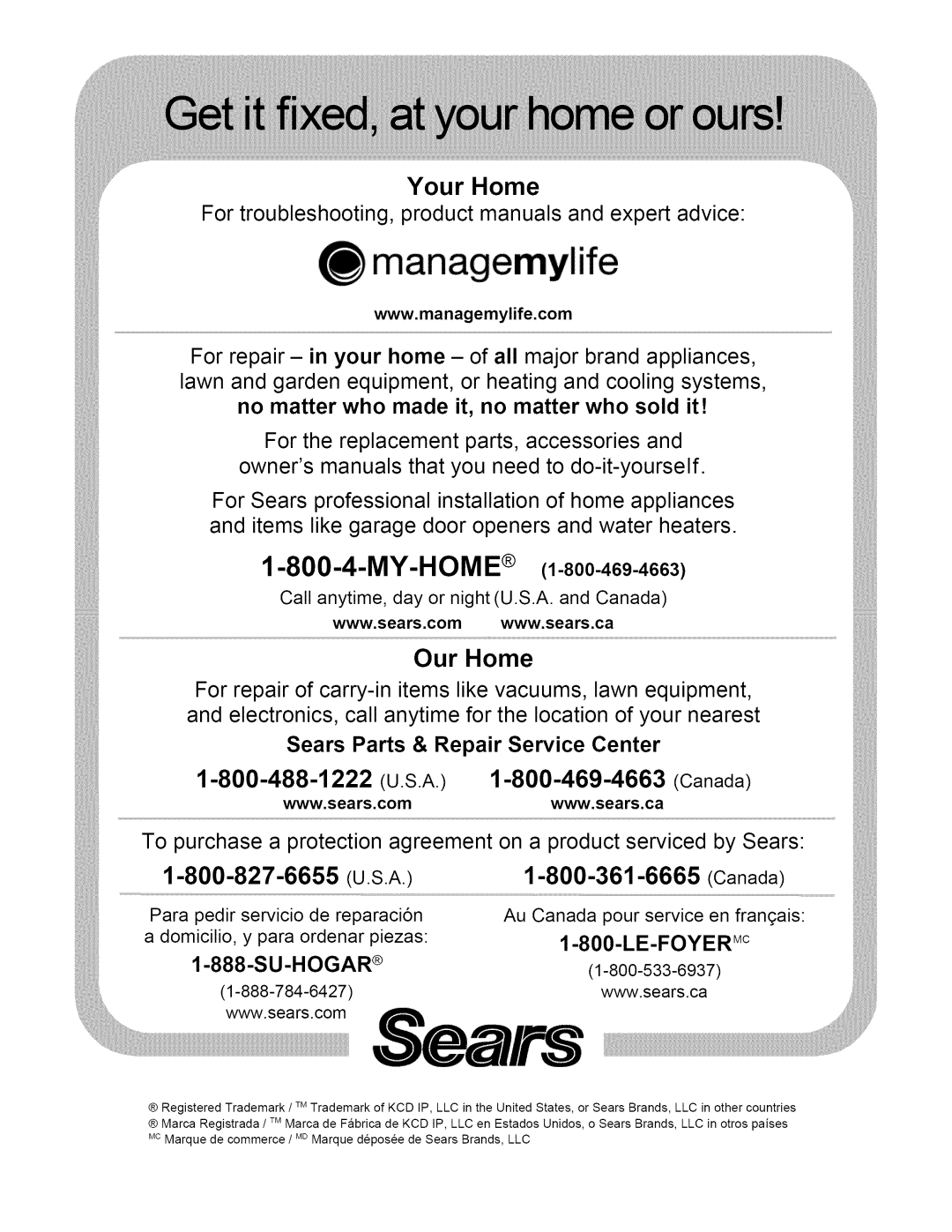 Kenmore 153.33264 managemylife, Sears Parts & Repair Service Center, My-Home, Your Home, Our Home, 1-800-827-6655 U.S.A 