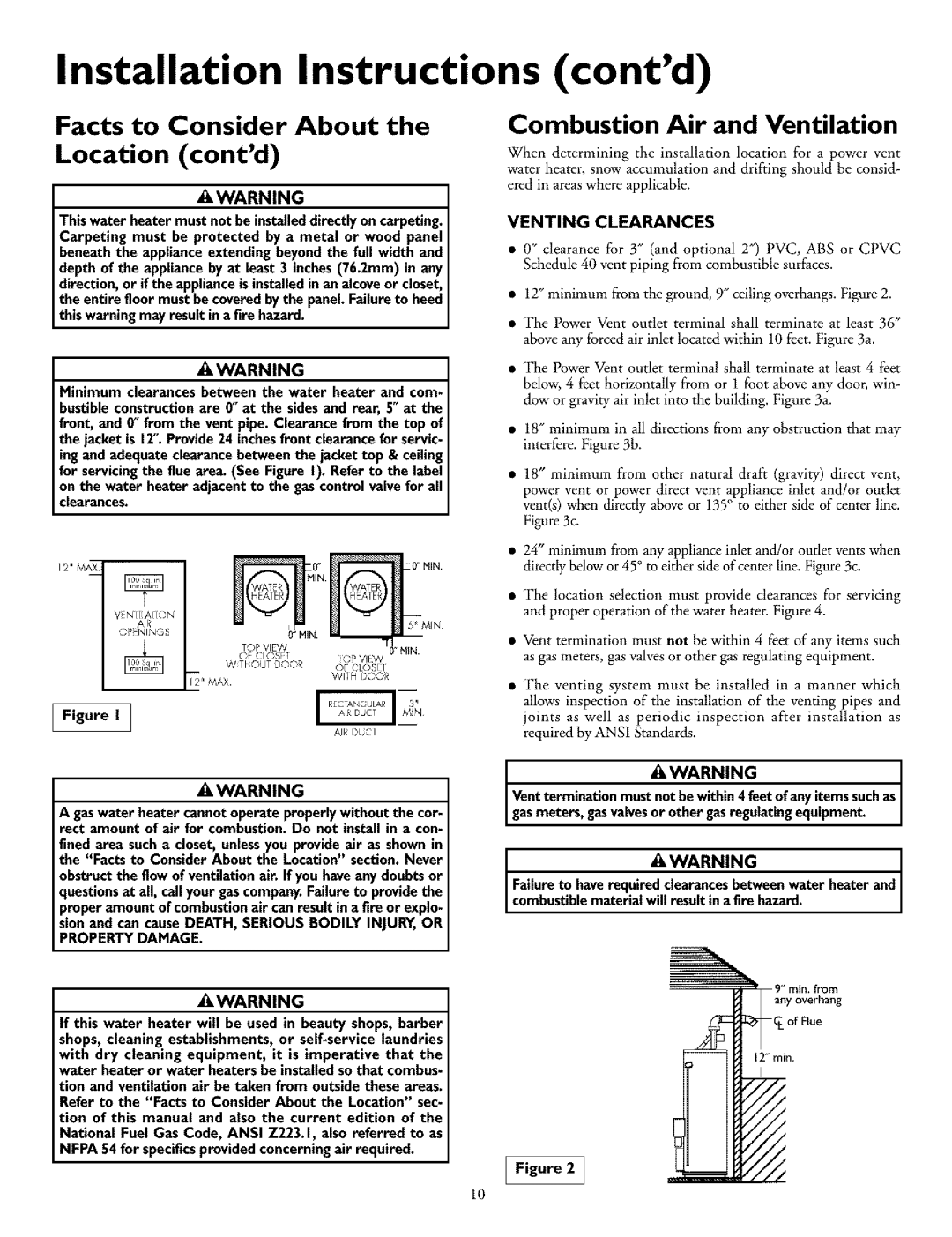 Kenmore 153.332990HA Facts to Consider About the Location contd, Combustion Air and Ventilation, Venting Clearances 