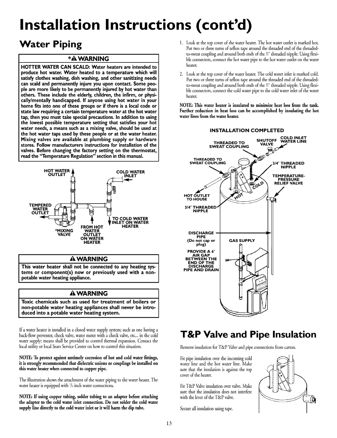 Kenmore 153.332890HA Installation Instructions, Contd, Water Piping, Valve and Pipe Insulation, Installation Completed 