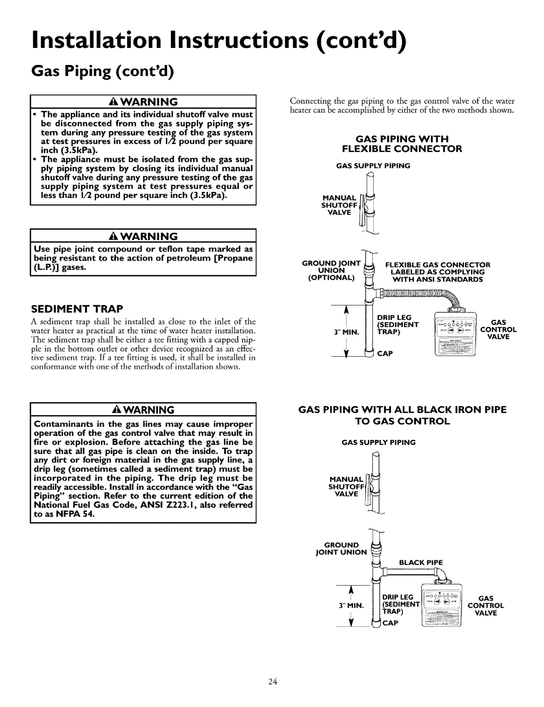 Kenmore 153.33296, 153.332870HA, 153.332990HA, 153.33298 Gas Piping contd, GAS Piping with Flexible Connector, Sediment Trap 