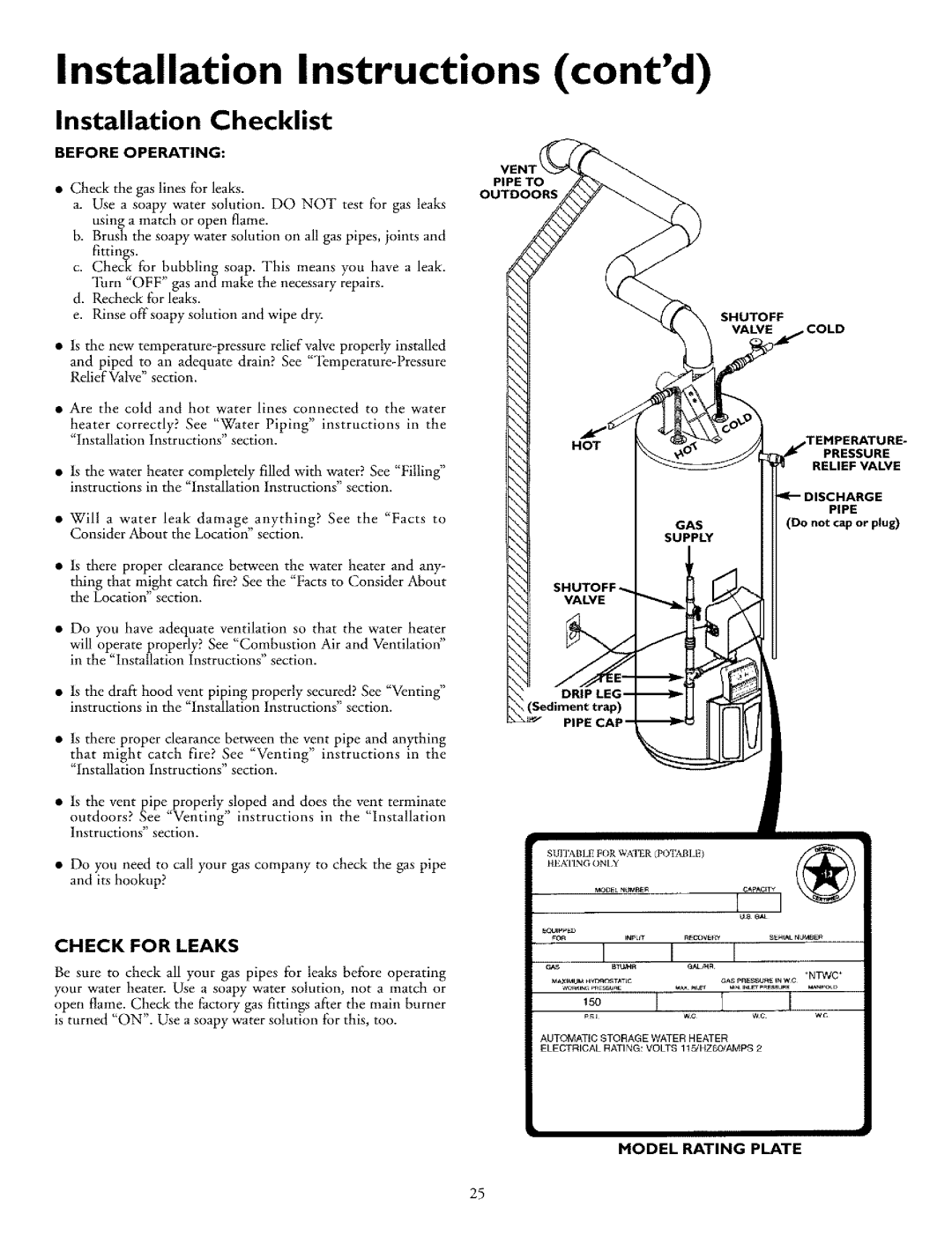 Kenmore 153.332870HA, 153.33296, 153.332990HA Installation Checklist, Check for Leaks, Model Rating Plate, Before Operating 