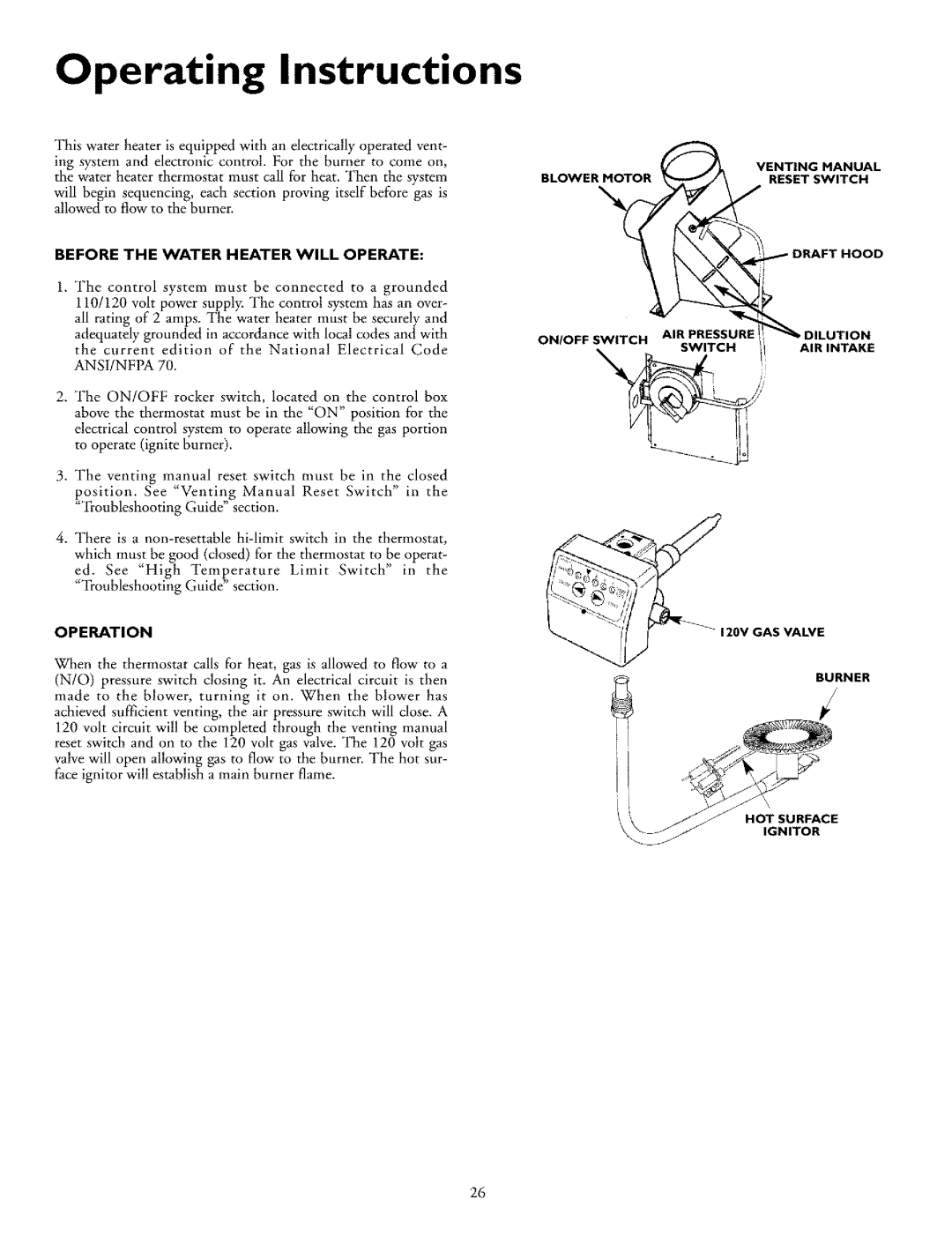 Kenmore 153.332990HA, 153.33296, 153.332870HA Operating Instructions, Before the Water Heater will Operate, Operation 