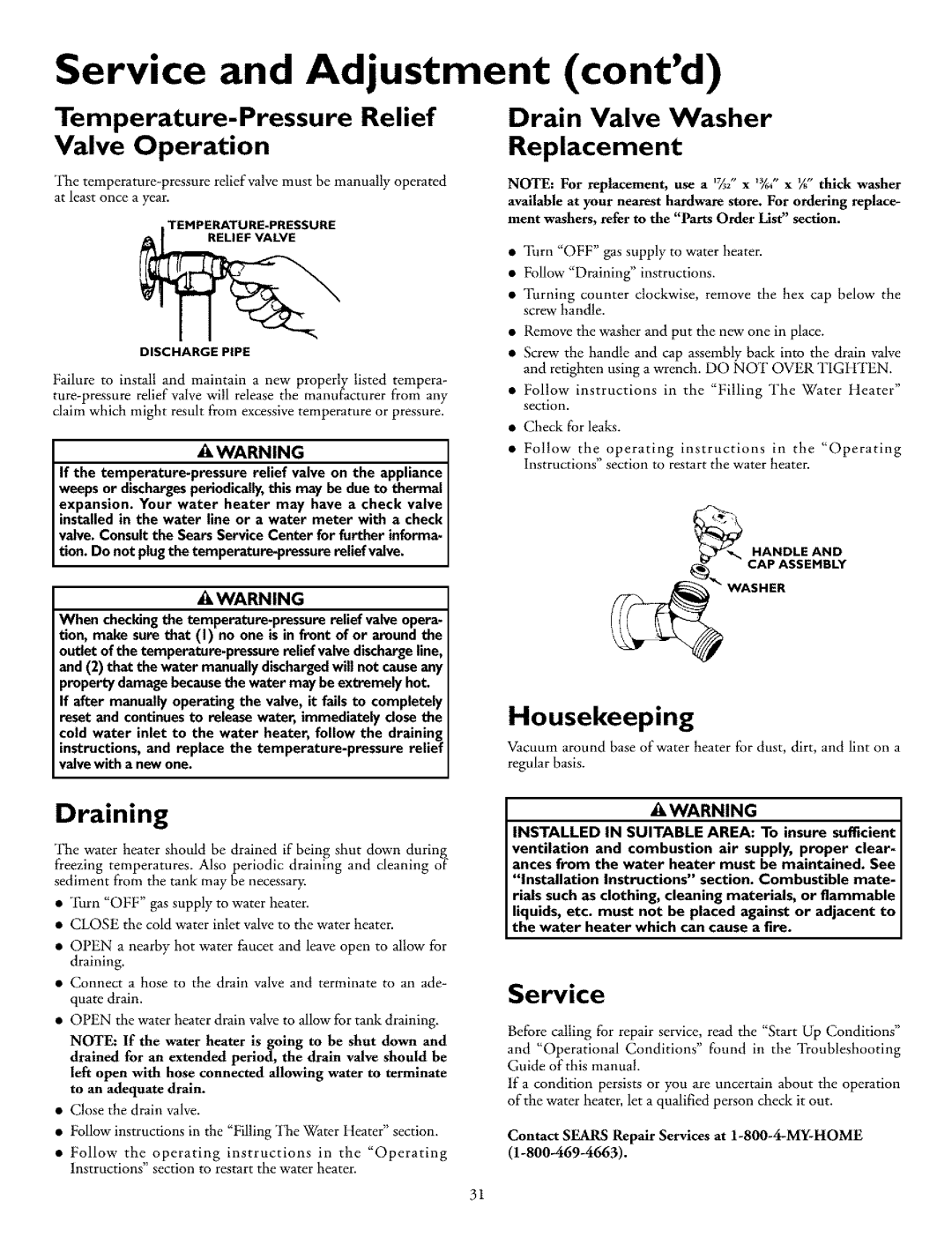 Kenmore 153.332960HA, 153.332870HA, 153.332990HA Temperature-Pressure Relief, Drain Valve Washer Replacement, Draining 