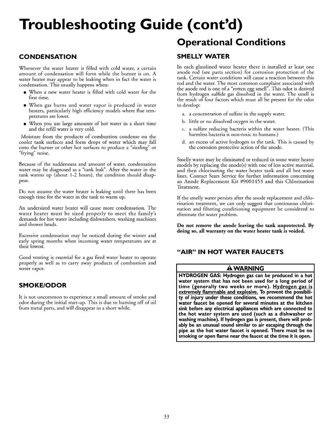 Kenmore 153.332870HA, 153.33296, 153.332861 Troubleshooting Guide contd, Condensation, Smoke/Odor, AIR in HOT Water Faucets 