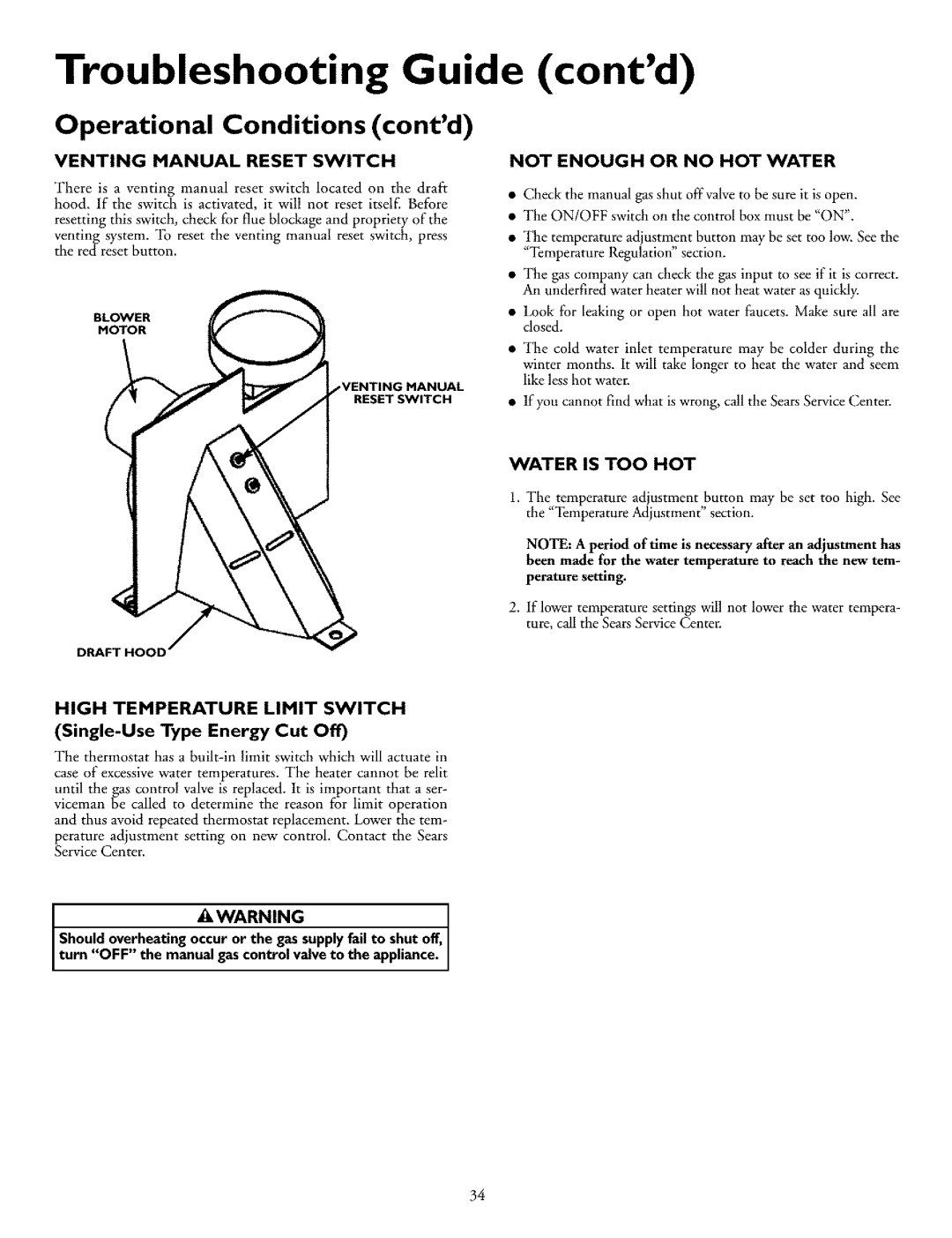 Kenmore 153.332990HA, 153.33296 Operational Conditions contd, Venting Manual Reset Switch, High Temperature Limit Switch 