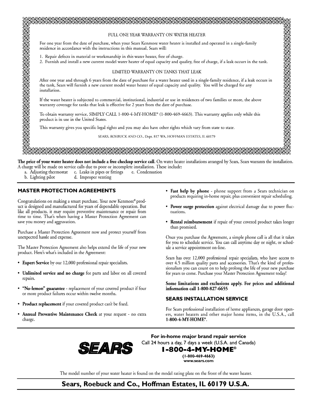 Kenmore 153.33298, 153.33296, 153.332870HA, 153.332990HA, 153.332861 Master Protection Agreements, Sears Installation Service 