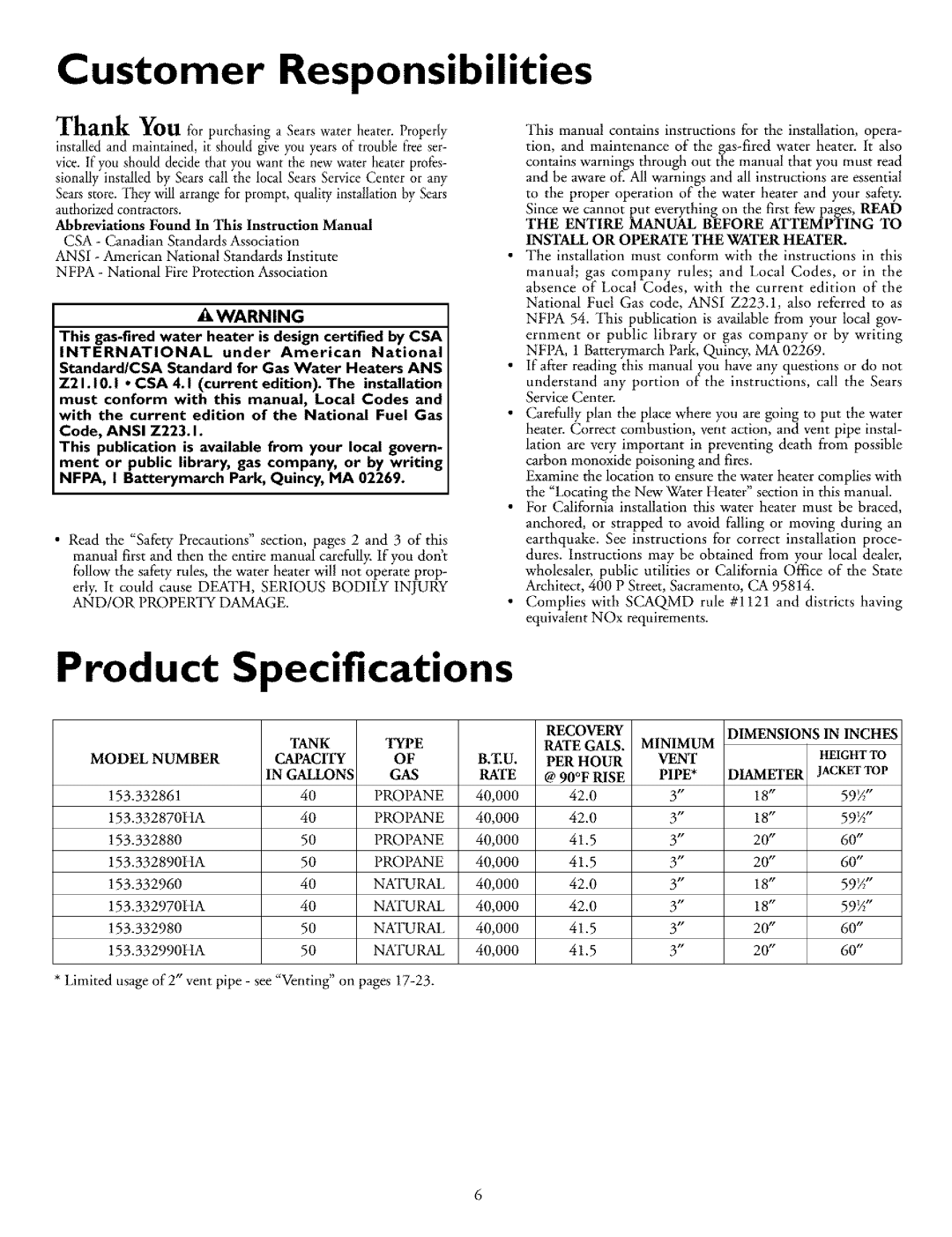 Kenmore 153.33288, 153.33296, 153.332870HA, 153.332990HA, 153.332861 Product Specifications, Customer Responsibilities 