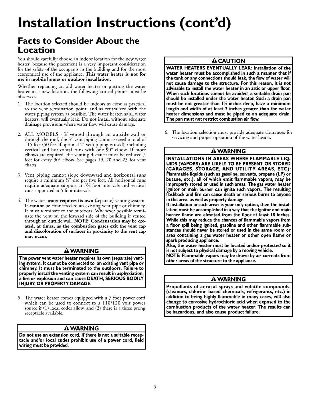 Kenmore 153.332870HA, 153.33296, 153.332990HA Installation Instructions contd, Facts to Consider About the Location 