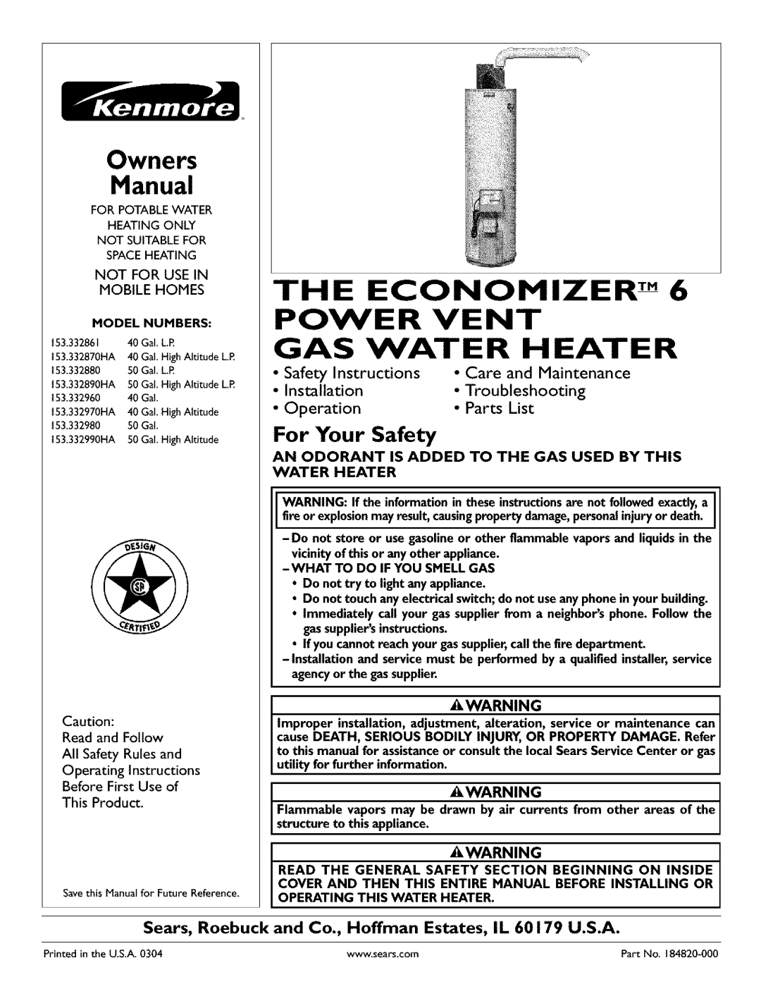 Kenmore 153.332870HA, 153.33296 owner manual For Your Safety, Installation, Power Vent, Gas Water Heater, Owners, Manual 