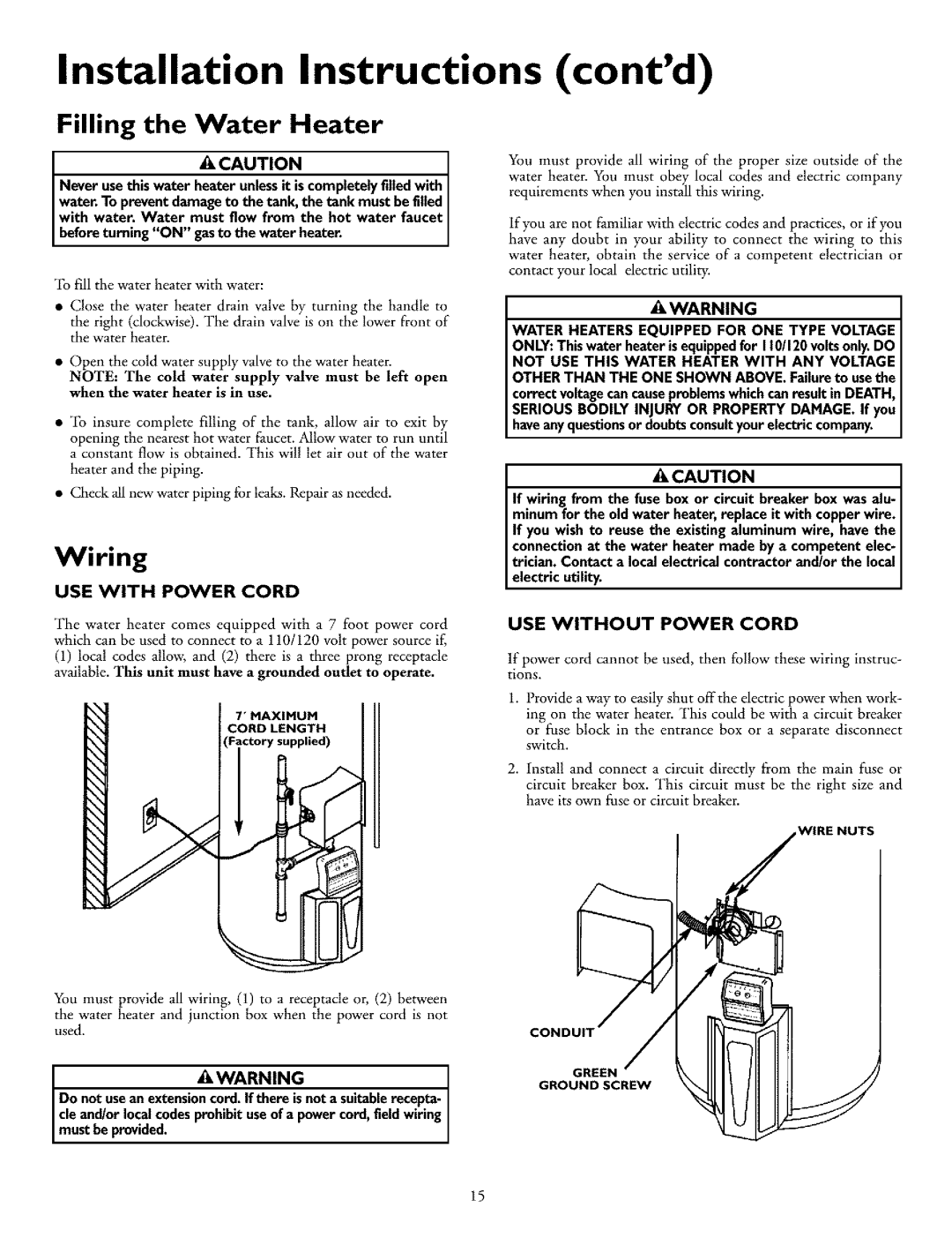 Kenmore 153.332960HA Filling the Water Heater, Wiring, Installation Instructions contd, A Caution, Use With Power Cord 