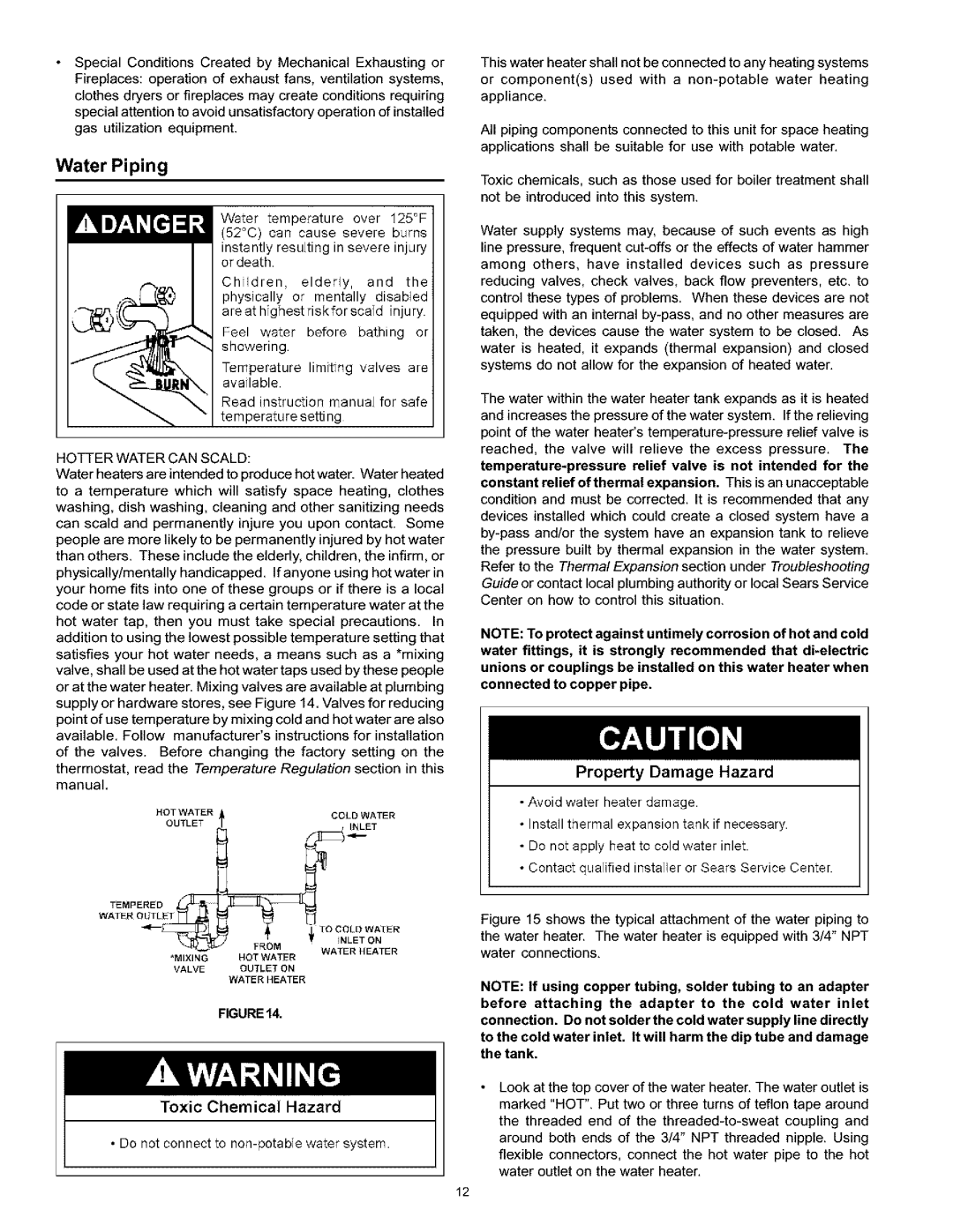 Kenmore 153.333415 HA, 153.333345, 153.333545, 153.333445, 153.333315 HA owner manual Water Piping, Property Damage Hazard 