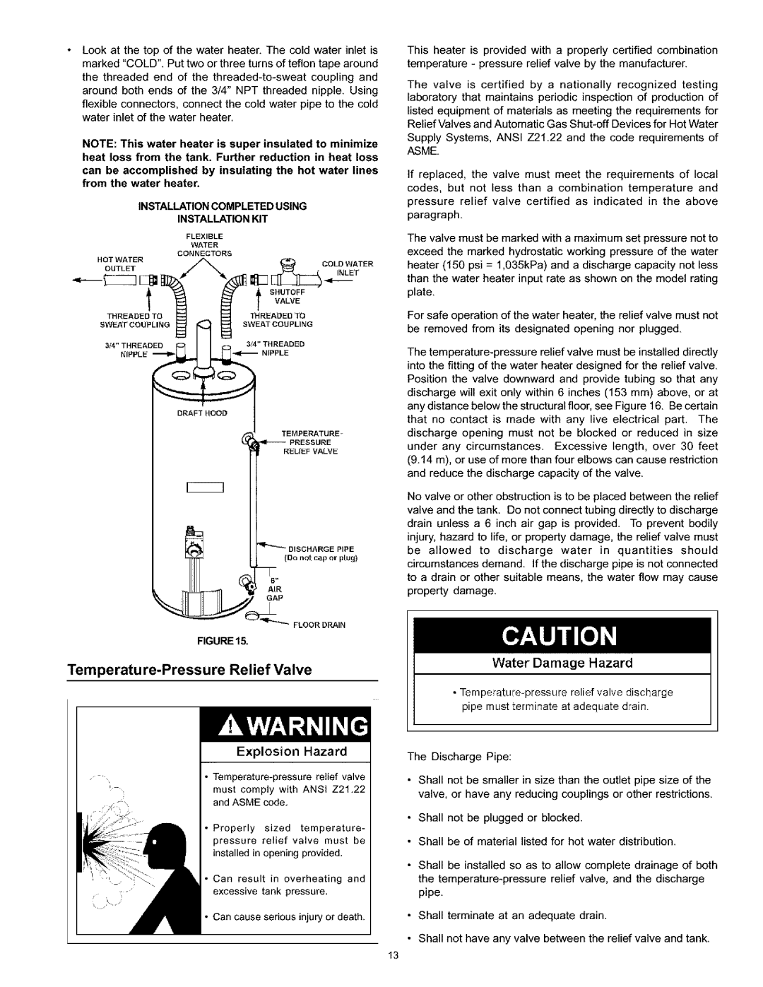 Kenmore 153.333445, 153.333345 Temperature-Pressure Relief Valve, Water Damage Hazard, Installation Completed Using 