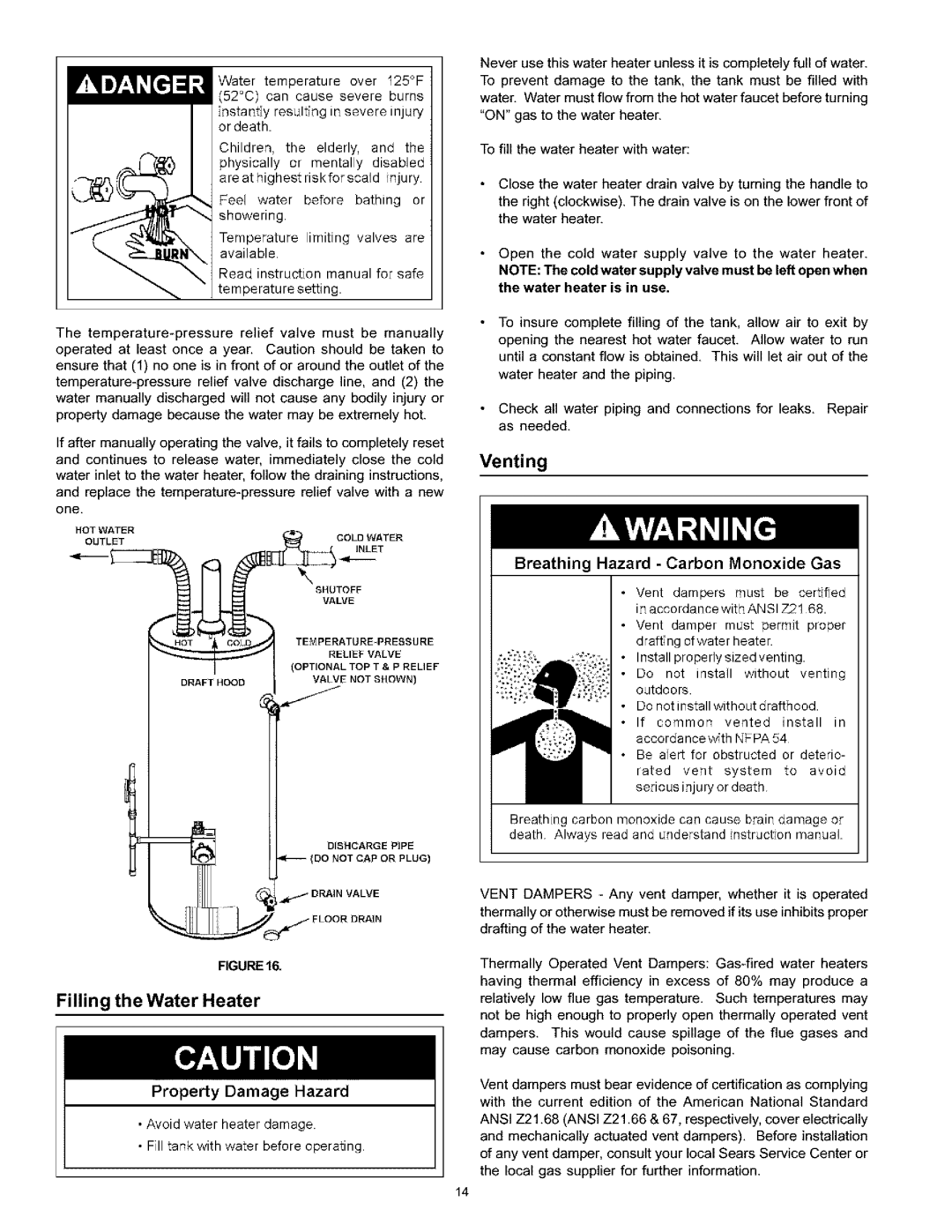 Kenmore 153.333315 HA Filling the Water Heater, Venting, Property Damage Hazard, Breathing Hazard Carbon Monoxide Gas 