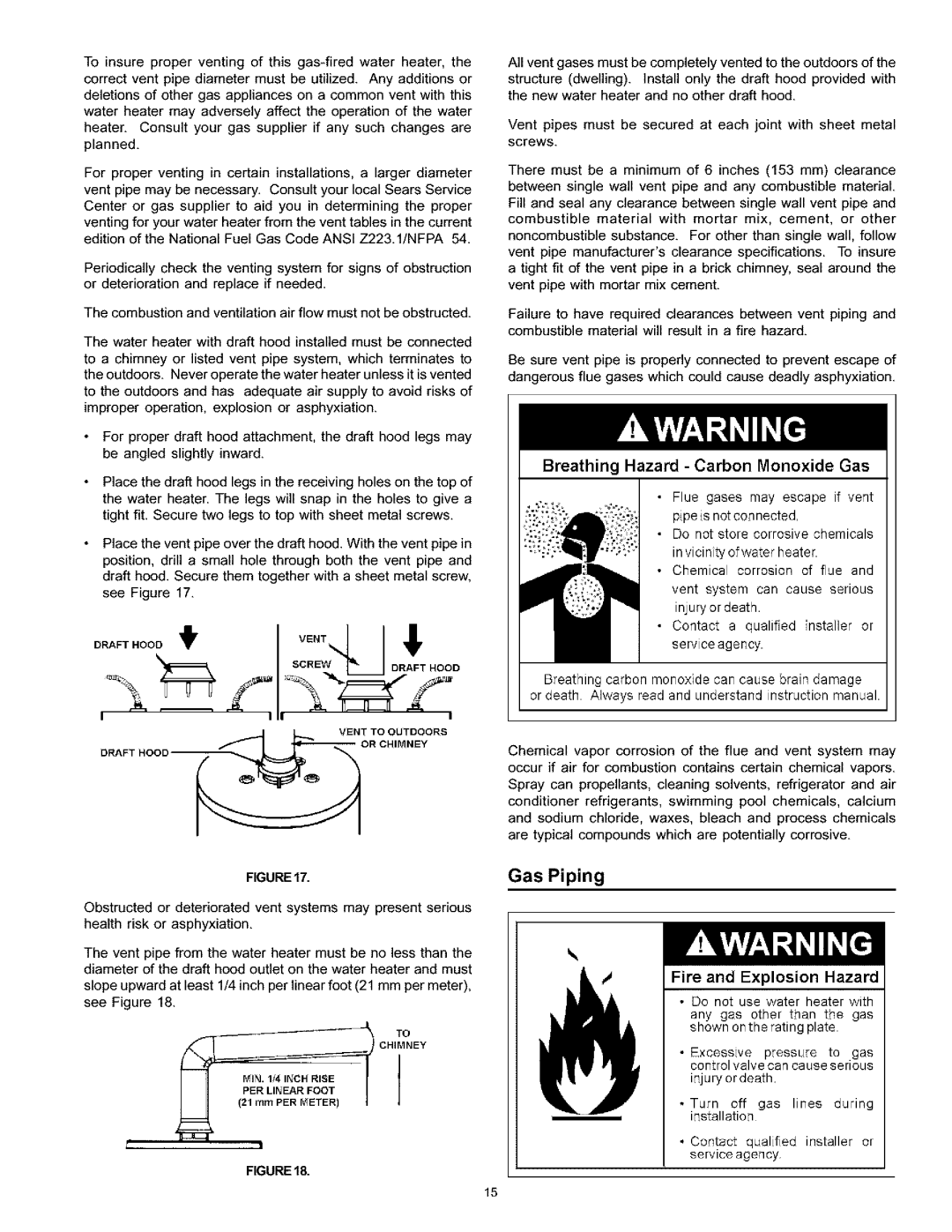 Kenmore 153.333345, 153.333545, 153.333415 HA, 153.333445, 153.333315 HA owner manual Gas Piping, Fire and Explosion Hazard 