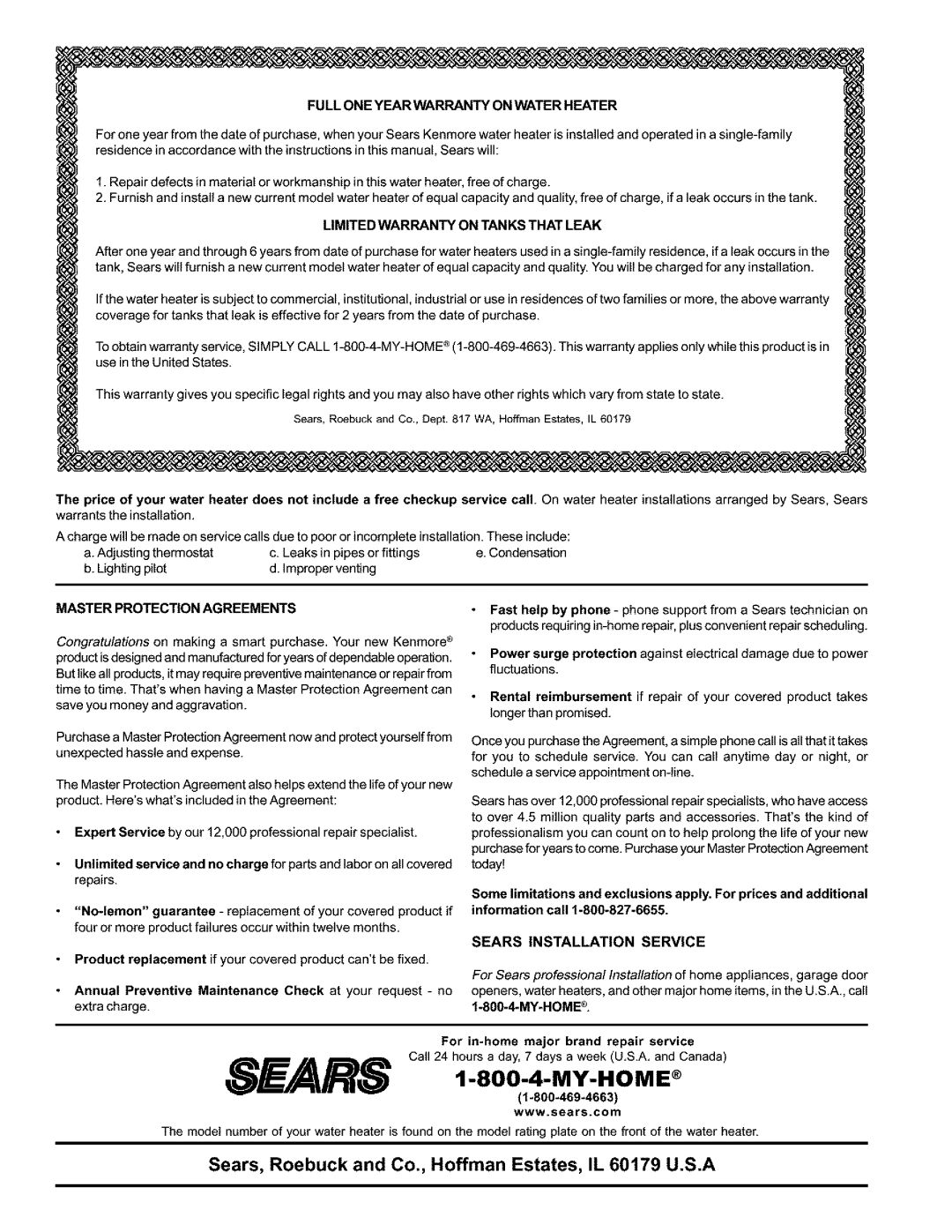 Kenmore 153.333445 Sears, Roebuck and Co., Hoffman Estates, IL 60179 U.S.A, Full ONE Year Warranty on Water Heater 