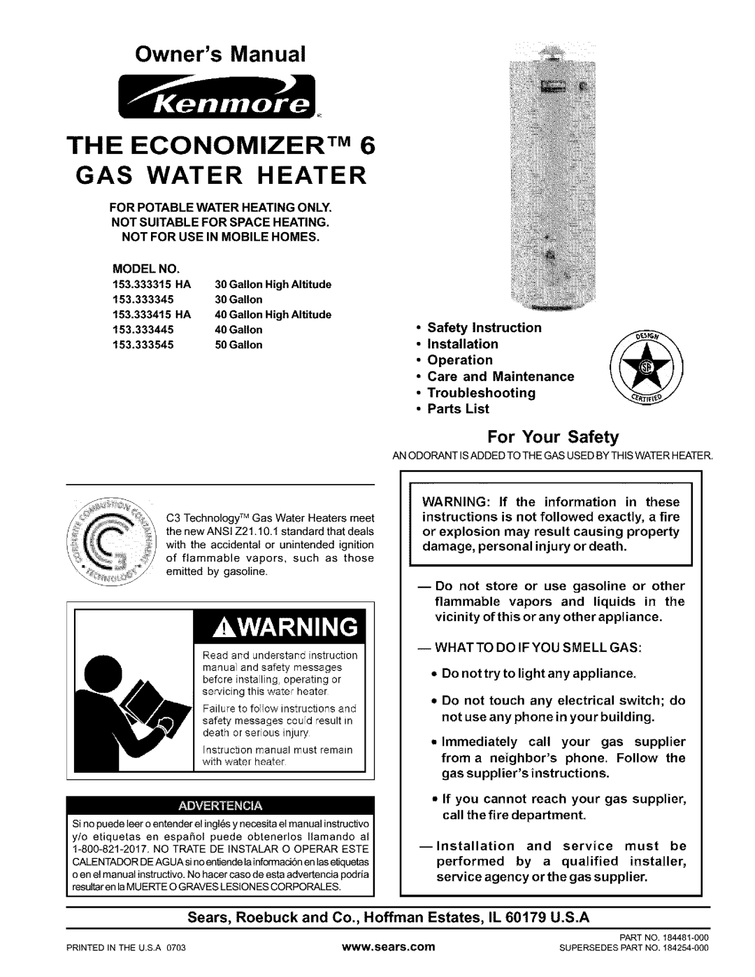 Kenmore 153.333545, 153.333345, 153.333415 HA, 153.333445 owner manual The Economizer Tm Gas Water Heater, For Your Safety 