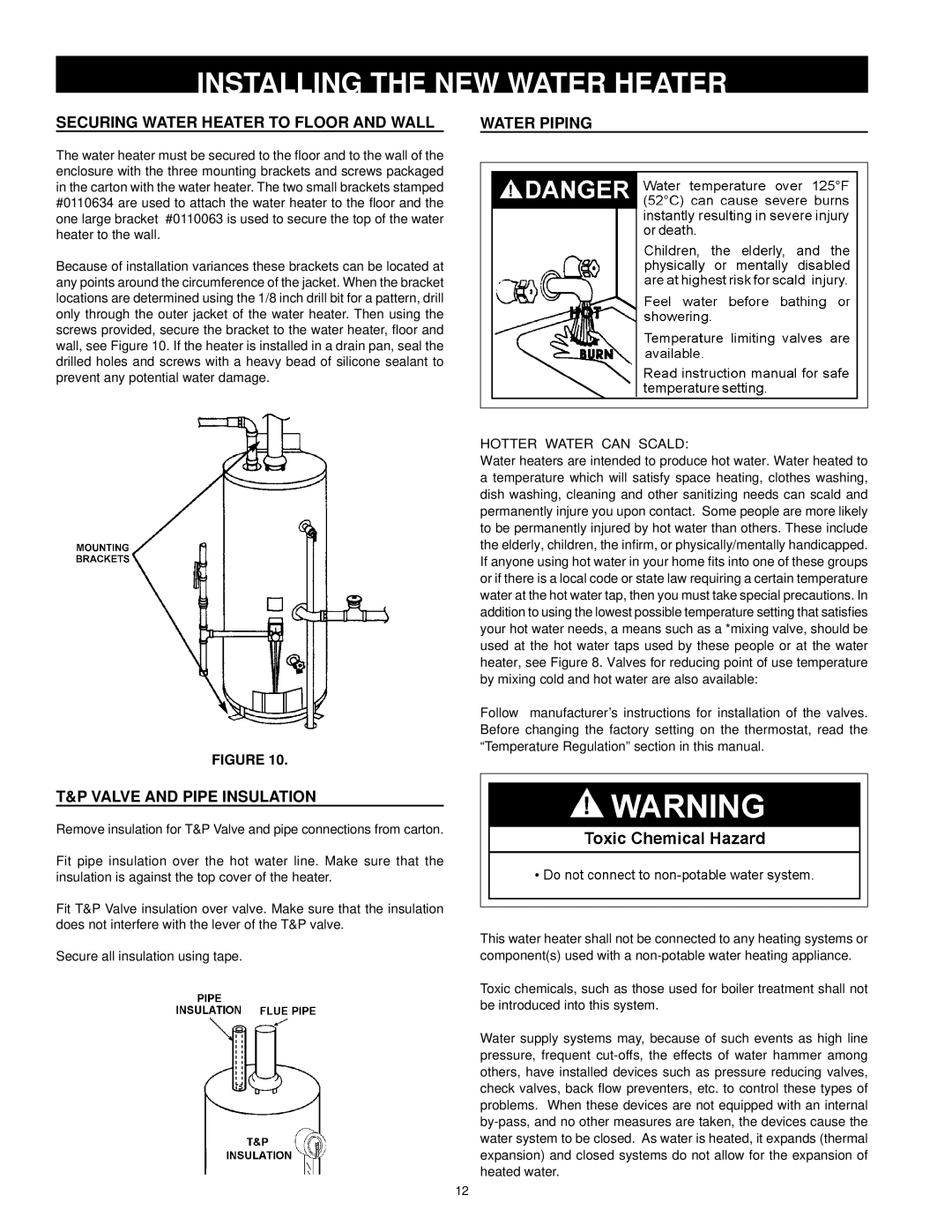 Kenmore 153.33385 owner manual Installing the NEW Water Heater, Securing Water Heater to Floor and Wall Water Piping 