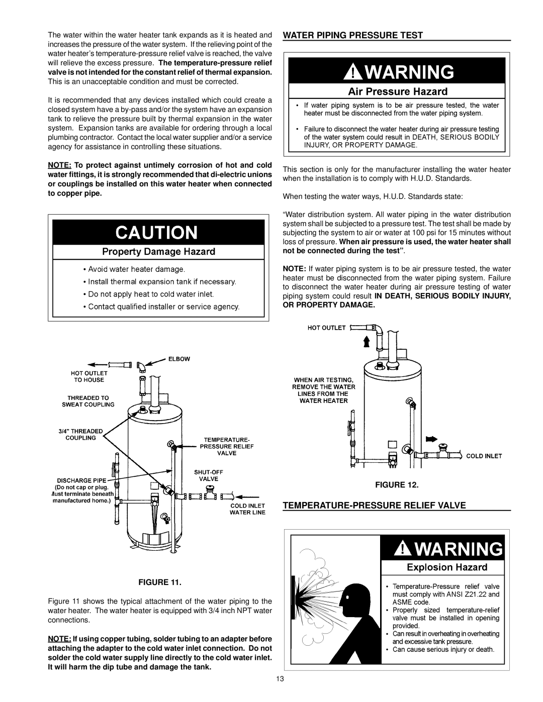 Kenmore 153.33385 owner manual Water Piping Pressure Test, TEMPERATURE-PRESSURE Relief Valve, Or Property Damage 