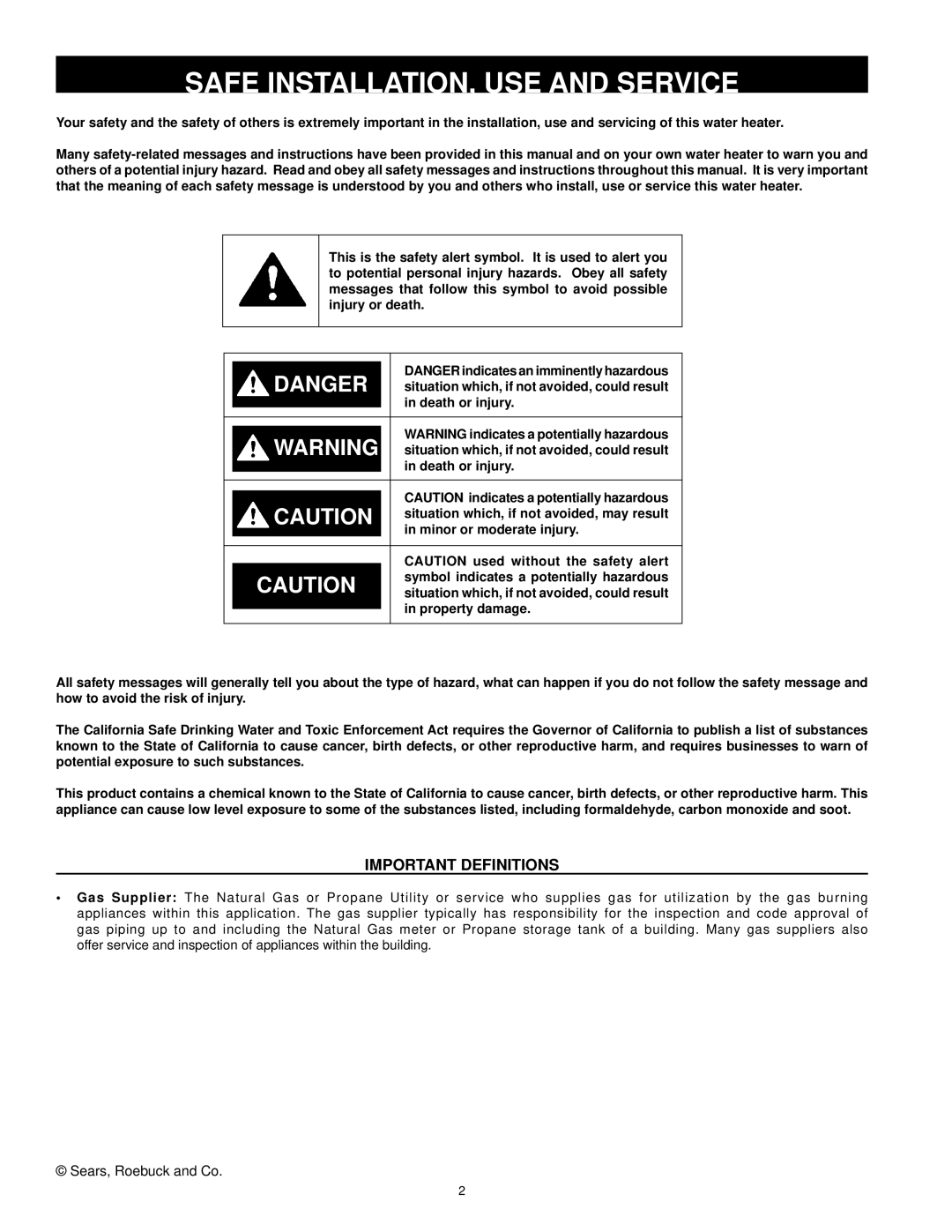 Kenmore 153.33385 owner manual Safe INSTALLATION, USE and Service, Important Definitions 