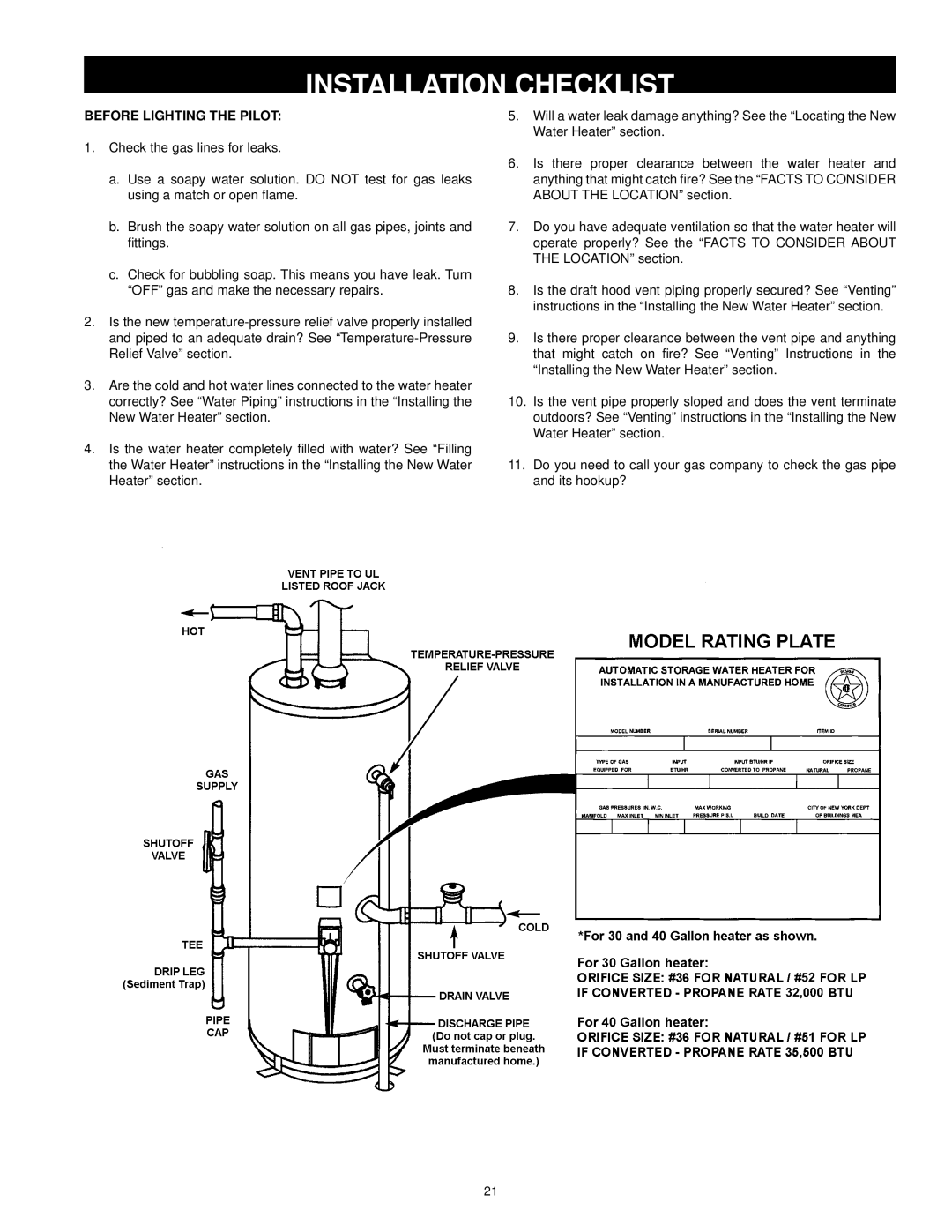 Kenmore 153.33385 owner manual Installation Checklist, Before Lighting the Pilot 