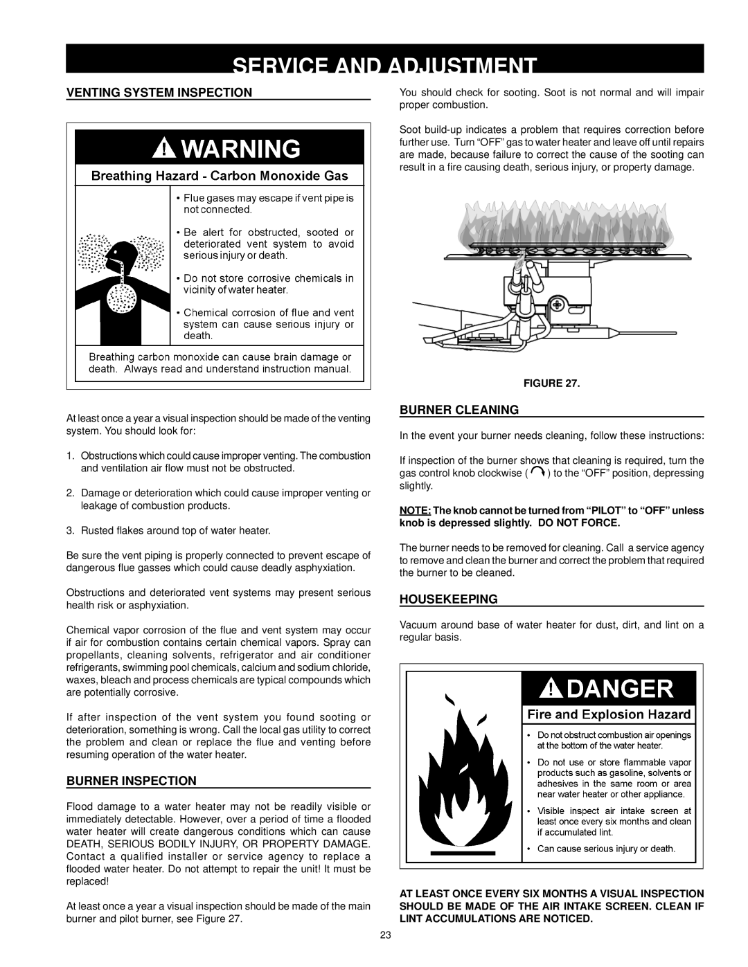 Kenmore 153.33385 Service and Adjustment, Venting System Inspection, Burner Inspection, Burner Cleaning, Housekeeping 