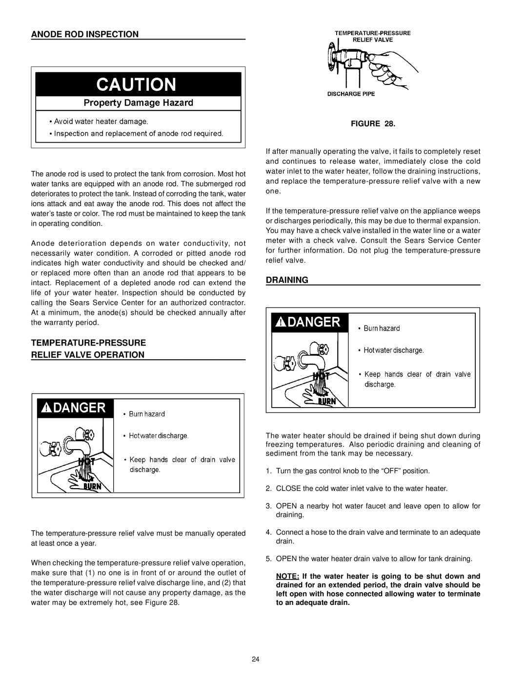 Kenmore 153.33385 owner manual Anode ROD Inspection, TEMPERATURE-PRESSURE Relief Valve Operation, Draining 