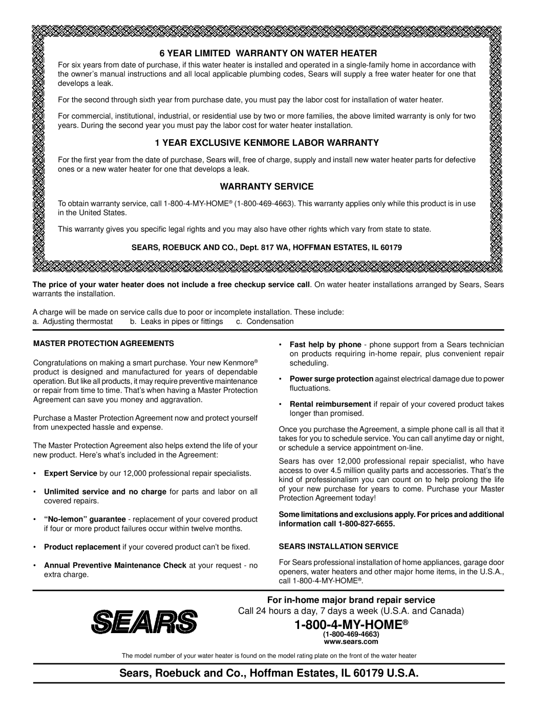 Kenmore 153.33385 Year Limited Warranty on Water Heater, Year Exclusive Kenmore Labor Warranty, Warranty Service 