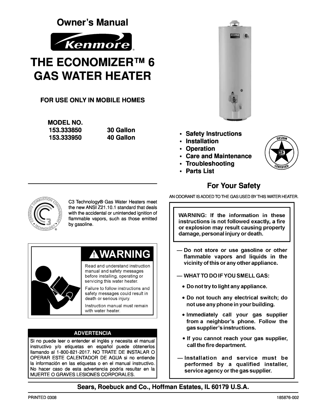 Kenmore 153.33385 owner manual For Your Safety, The Economizer Gas Water Heater, Owner’s Manual 