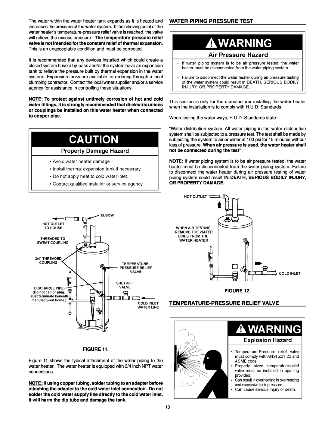 Kenmore 153.33385 owner manual Water Piping Pressure Test, Temperature-Pressurerelief Valve, Figure, Or Property Damage 